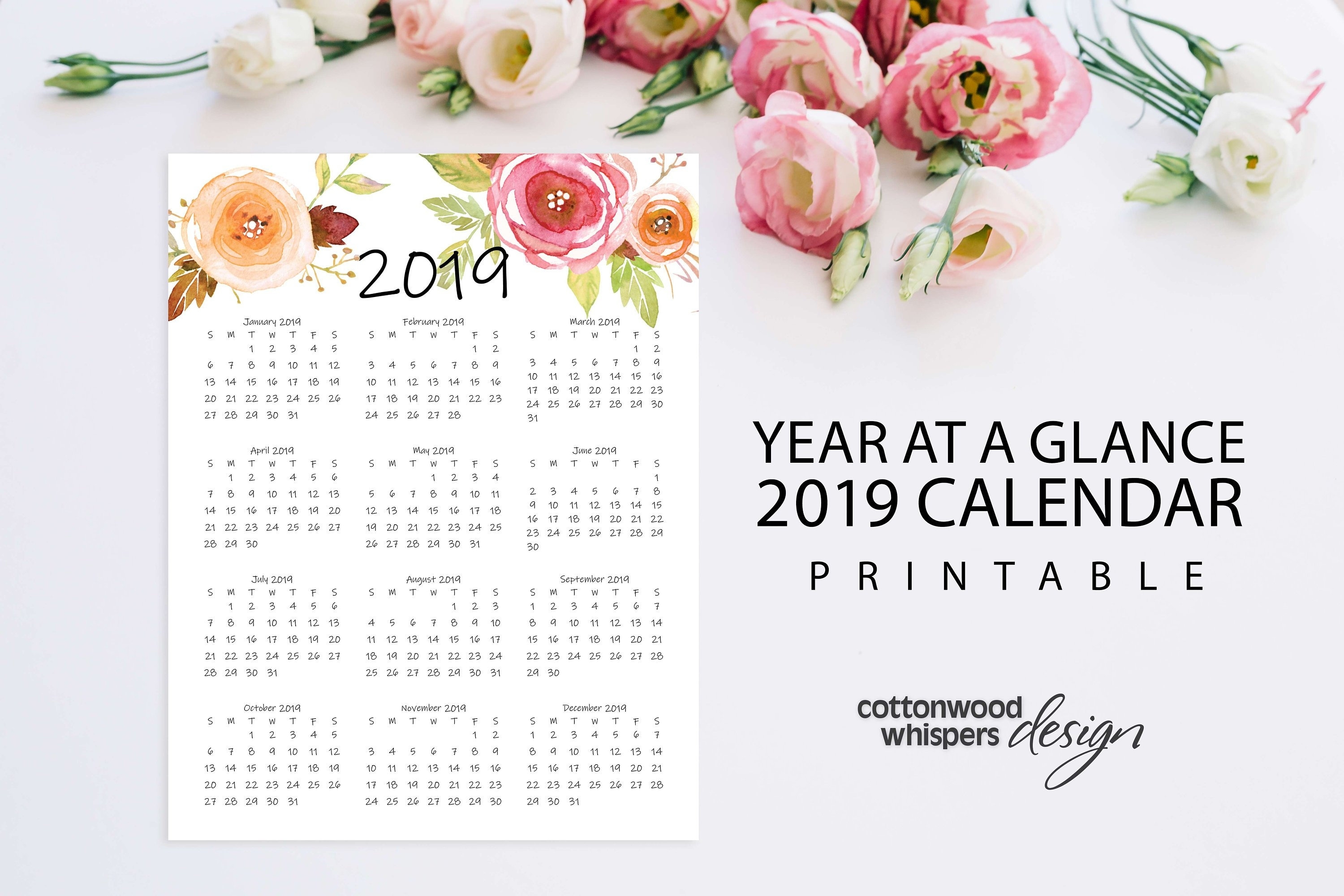 Year At A Glance Calendar 2019 | Printable Calendar | Letter Size 8.5&quot; X  11&quot; | Instant Download | Portrait | Planner Exceptional 8.5 By 14 Printable Calendars