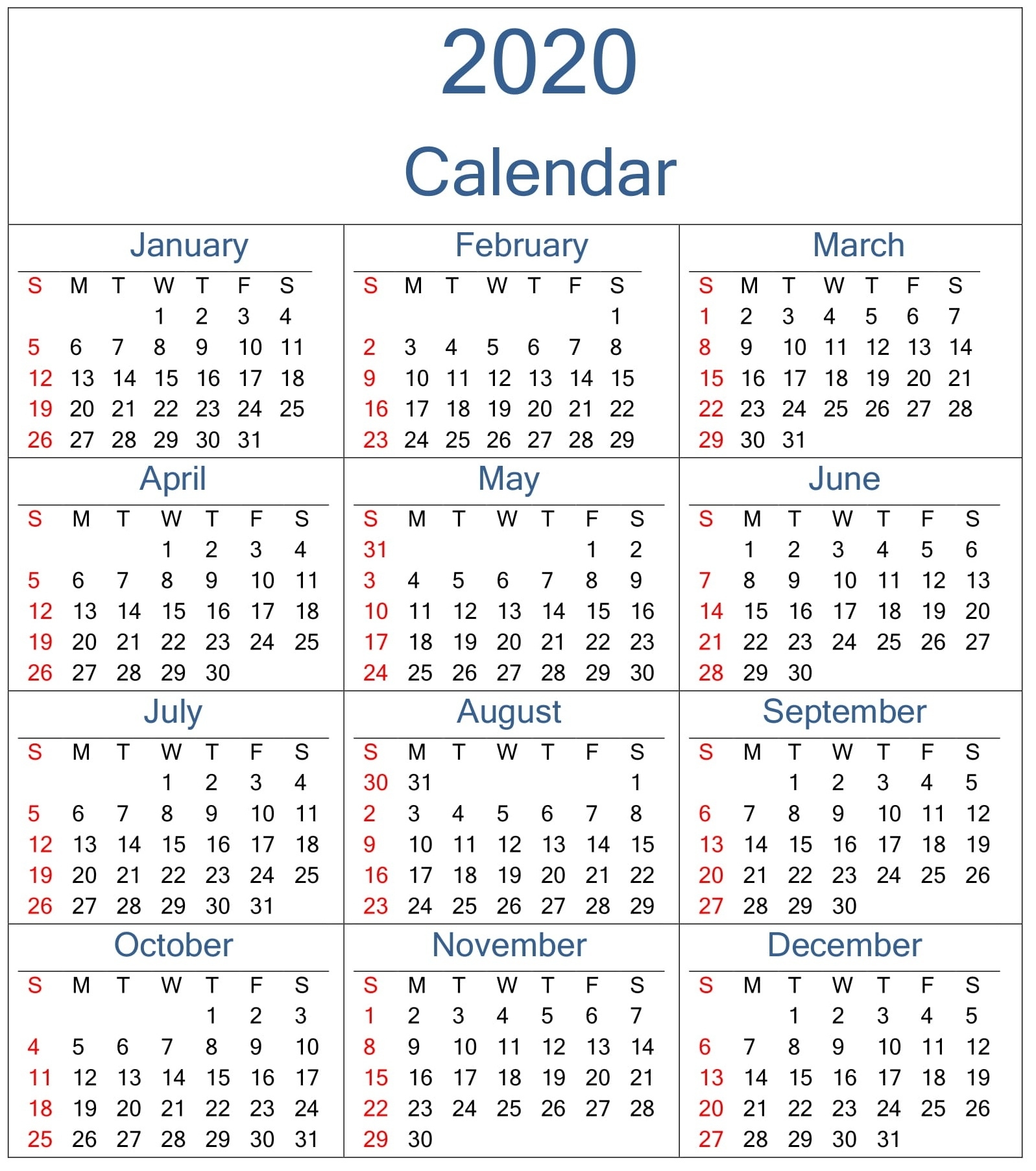 Yearly 2020 Calendar Excel Template - Latest Printable 2020 Calendar In Excel