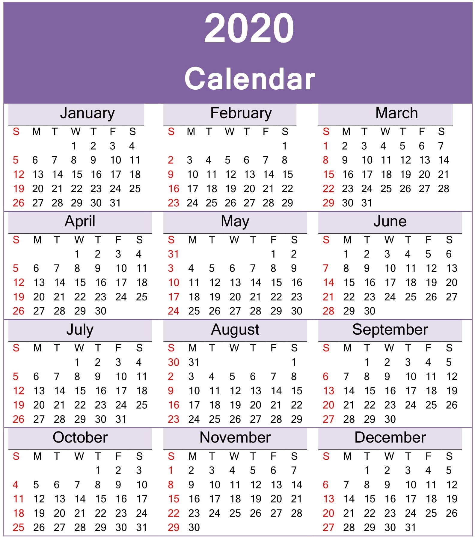 Yearly 2020 Calendar Excel Template - Latest Printable 2020 Calendar One Page