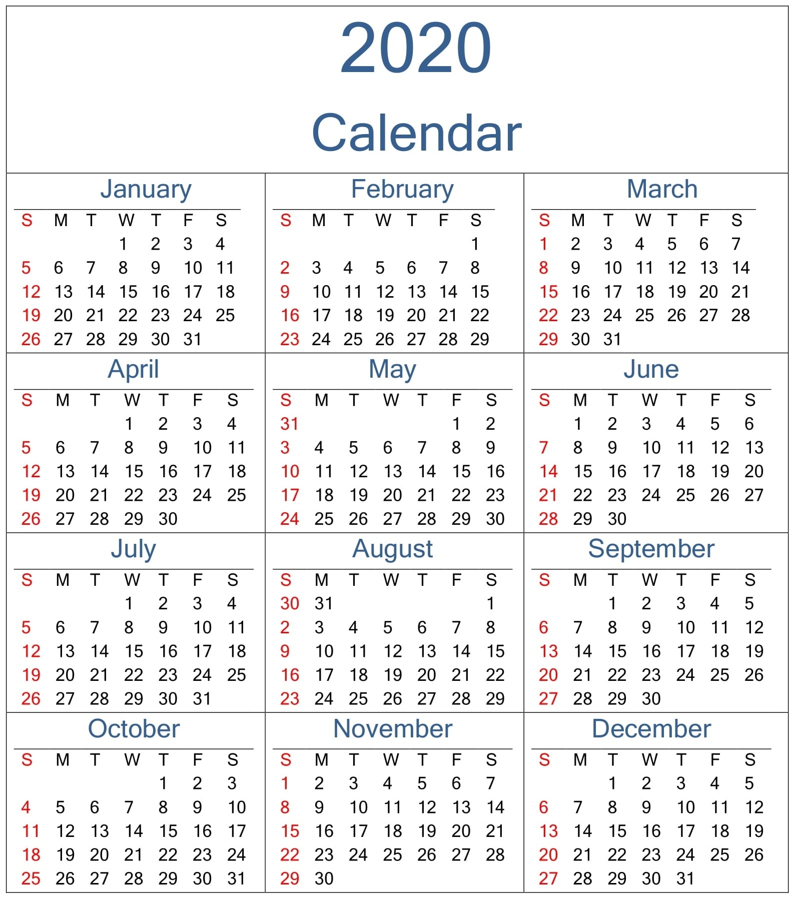 Yearly 2020 Calendar Excel Template - Latest Printable 2020 Calendar Printable Excel