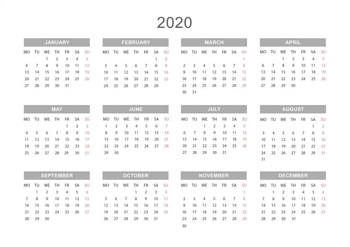 Yearly Calendar 2020 Printable Free For Agenda | Calendar Impressive Calendar 2020 Only Printable Yearly
