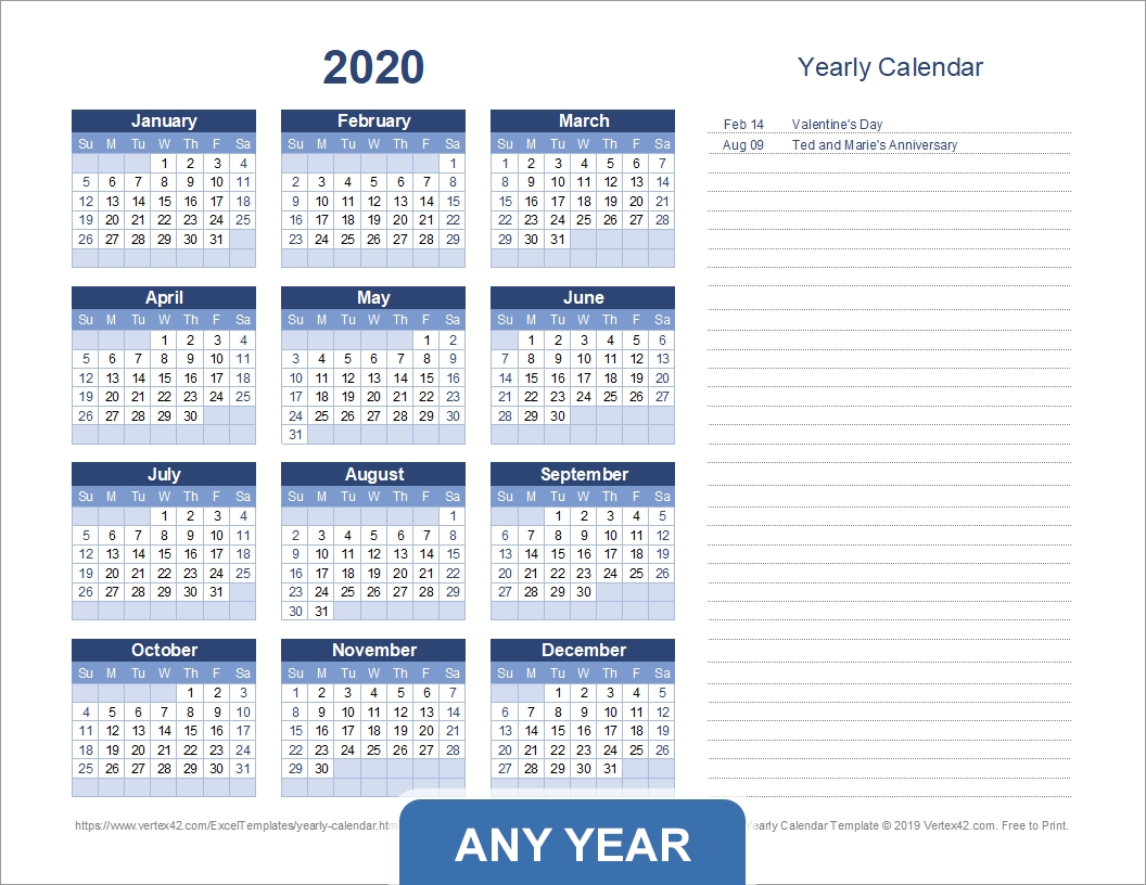 Yearly Calendar Template For 2020 And Beyond 2020 Calendar With Holidays By Vertex42
