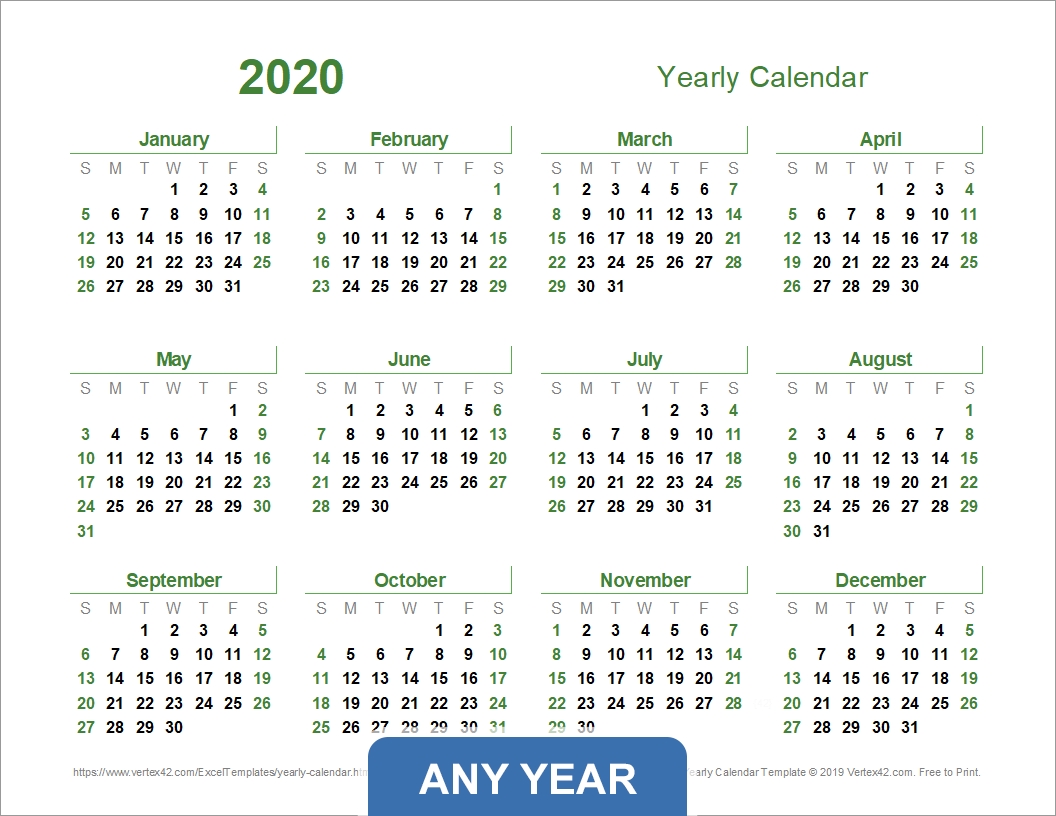 Yearly Calendar Template For 2020 And Beyond 2020 Calendar With Holidays By Vertex42
