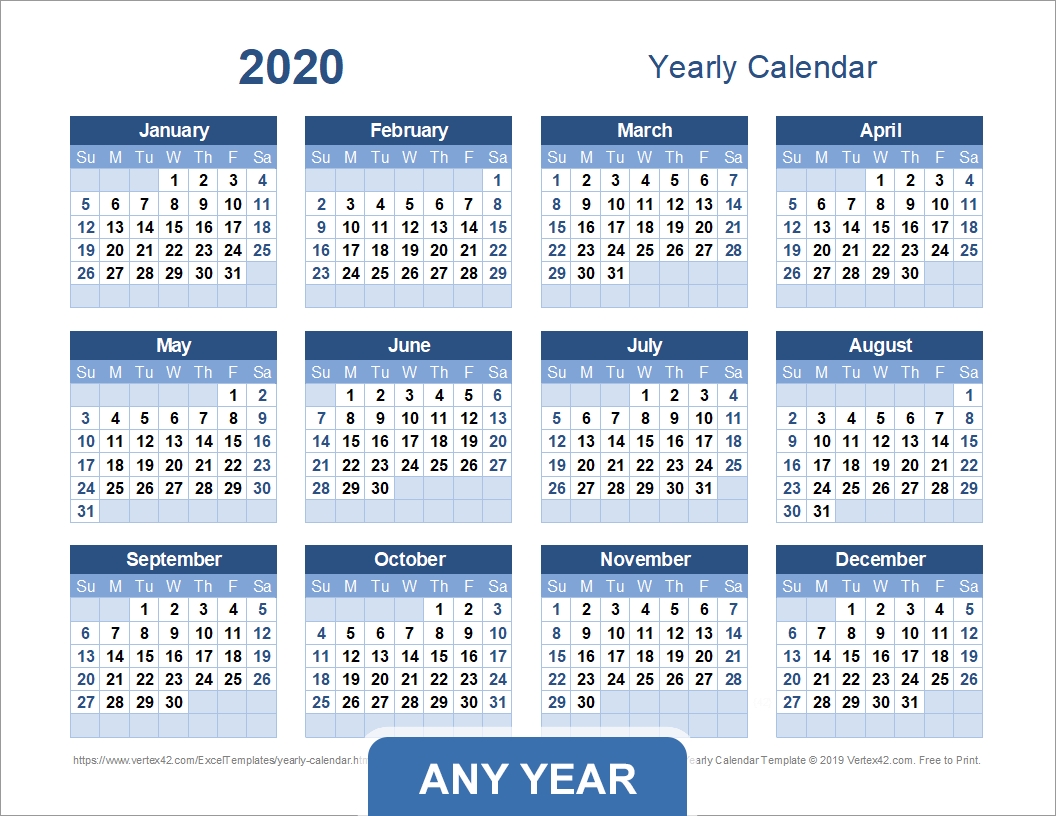 Yearly Calendar Template For 2020 And Beyond 2020 Writeable Year At A Glance Calendar In Excel