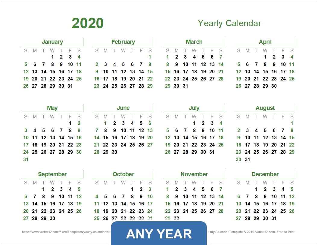 Yearly Calendar Template For 2020 And Beyond Calendar Templates By Vertex42 Https://www.vertex42.com/calendars/