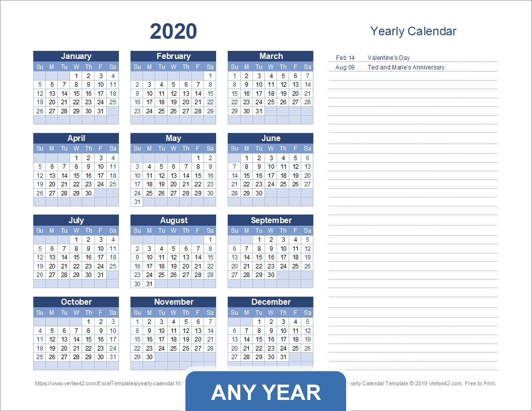 Yearly Calendar Template For 2020 And Beyond Impressive Calendar Templates By Vertex42 Https://www.vertex42.com/calendars/