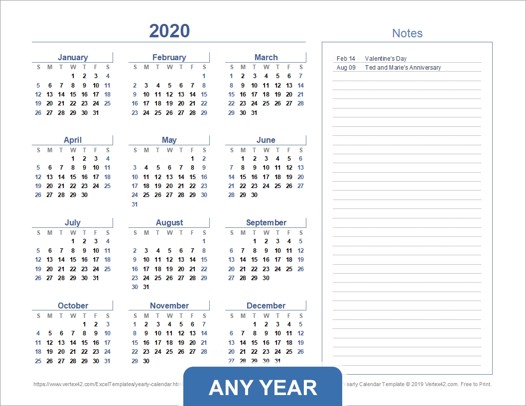 Yearly Calendar Template For 2020 And Beyond Remarkable 2020 Calendar With Holidays By Vertex42