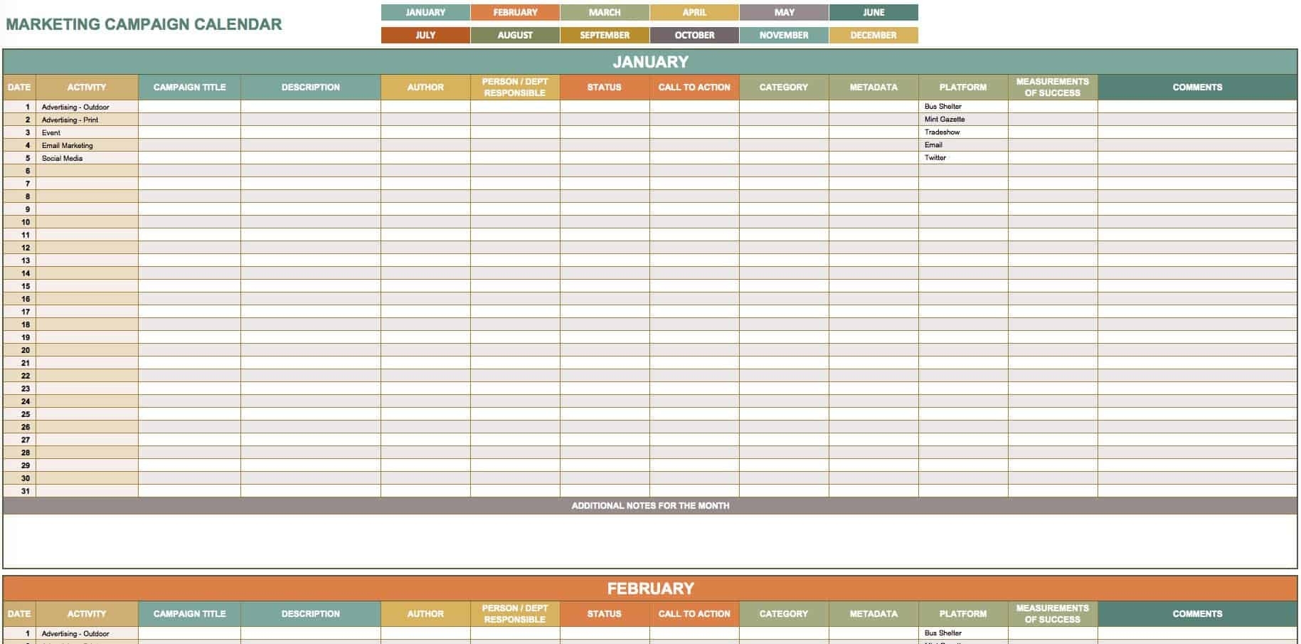 15+ Free Marketing Calendar Templates | Smartsheet Marketing Calendar Template Xls