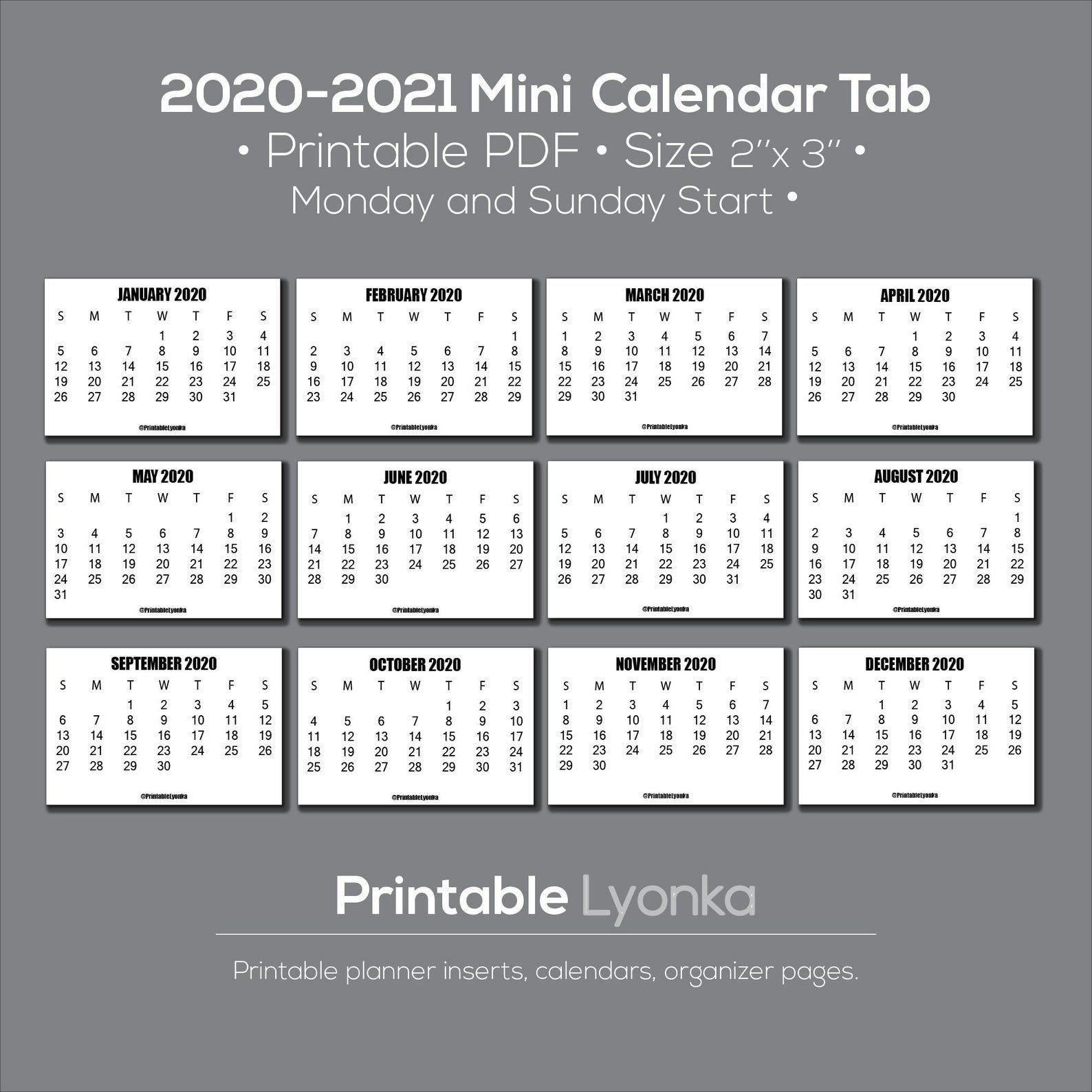 2 X 3 Inch Mini Calendar 2020 2021/ Small Printable | Etsy 3 Month Printed A3 Calendar 2021