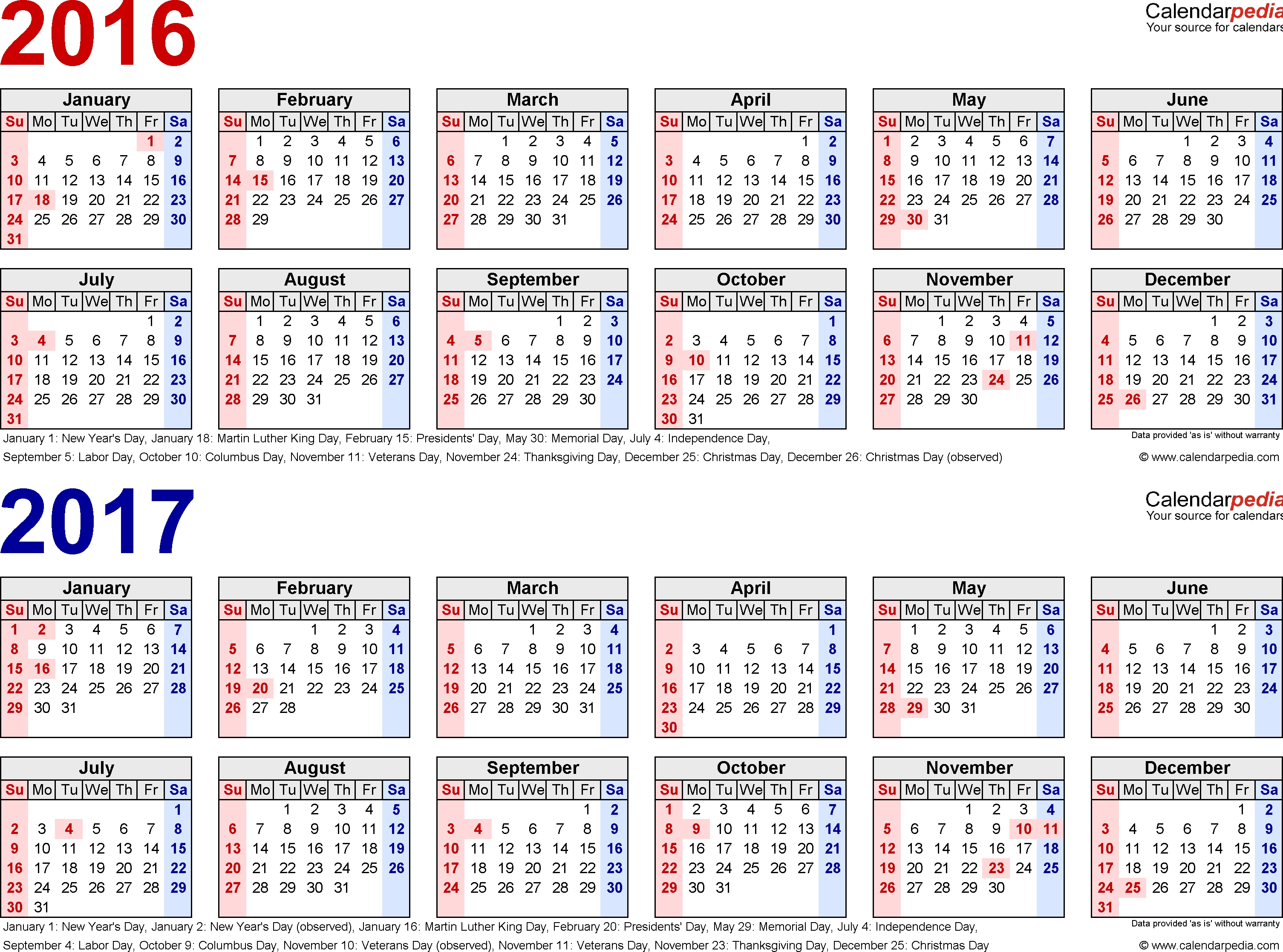 2016-2017 Calendar - Free Printable Two-Year Word Calendars 2 Year Calendar Template Excel
