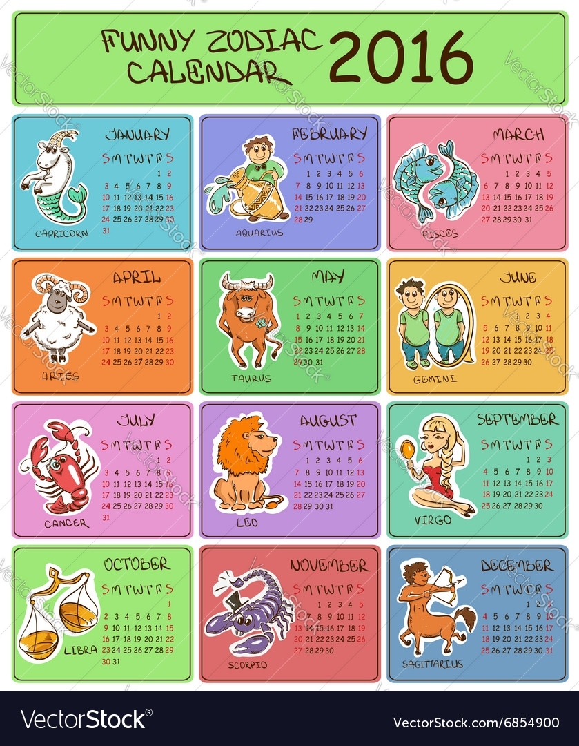 2016 Calendar Template With Zodiac Signs Vector Image Calendar Of The Zodiac Signs