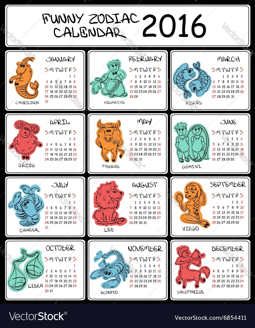 2016 Calendar Template With Zodiac Signs Vector Image Zodiac Calendar Dates And Signs