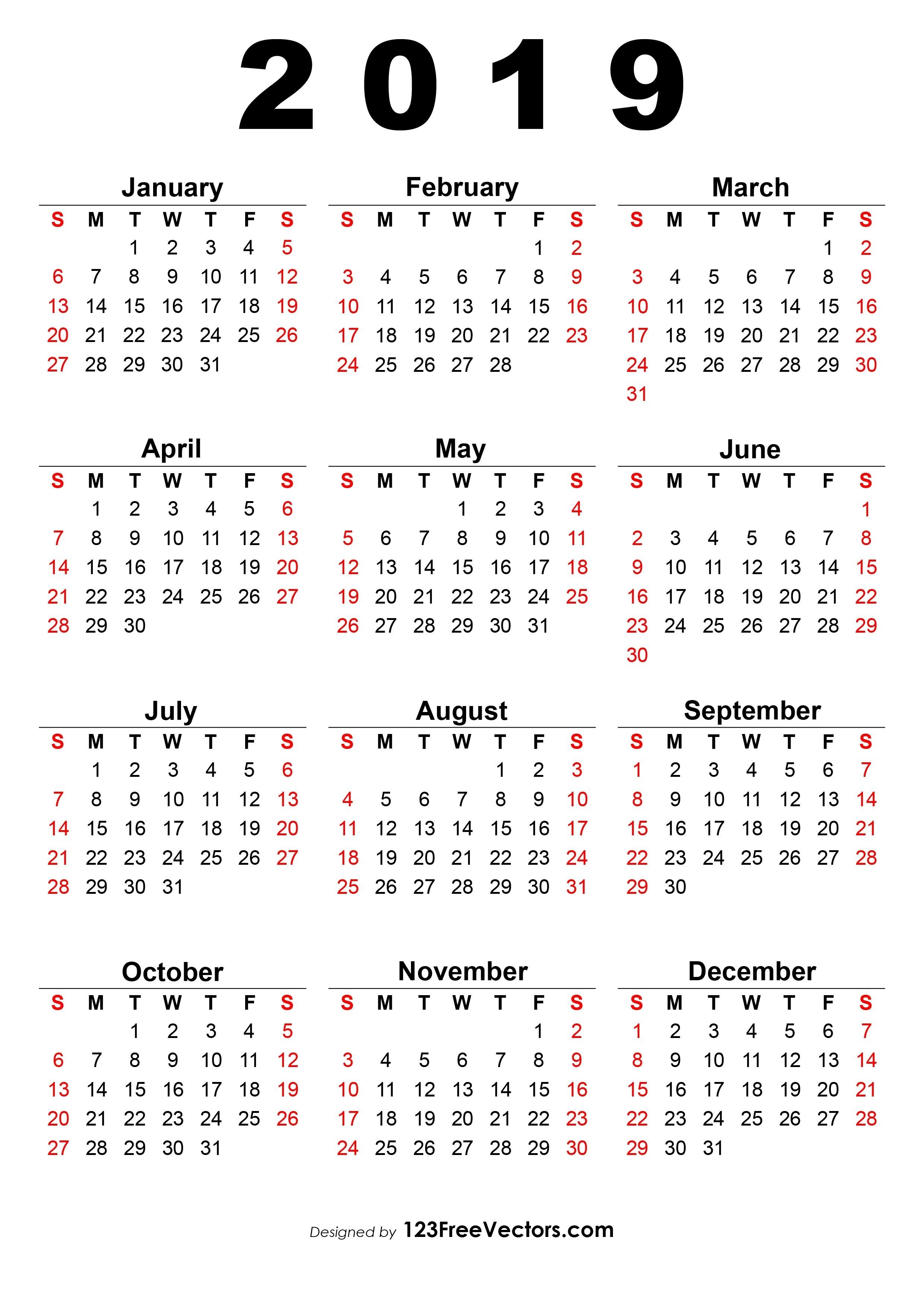 2019 Calendar One Page | Calendar 2019 Printable, Calendar Calendar Template Adobe Illustrator
