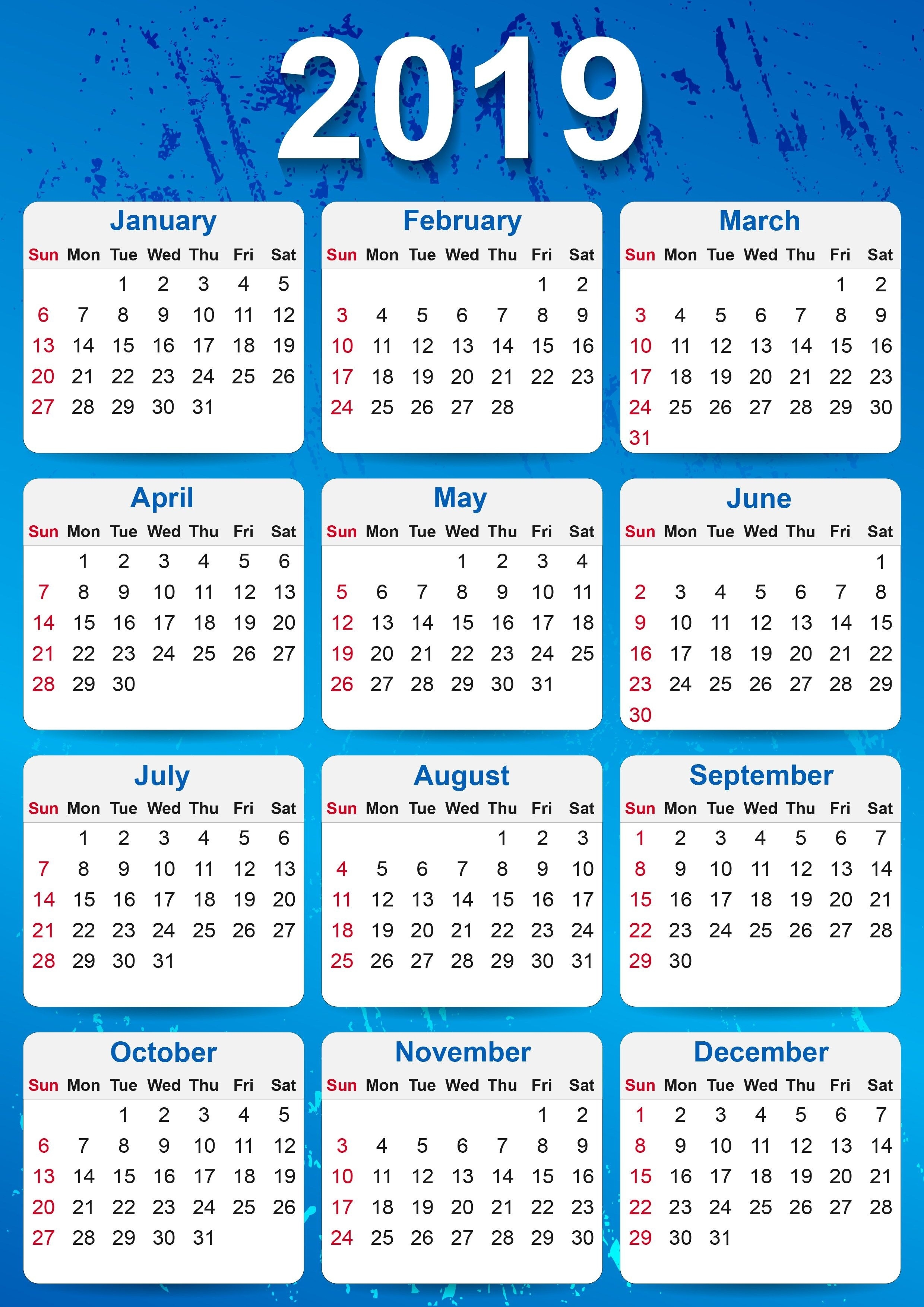 2019 Yearly Calendar Printable | Yearly Calendar Template Calendar Template Adobe Illustrator