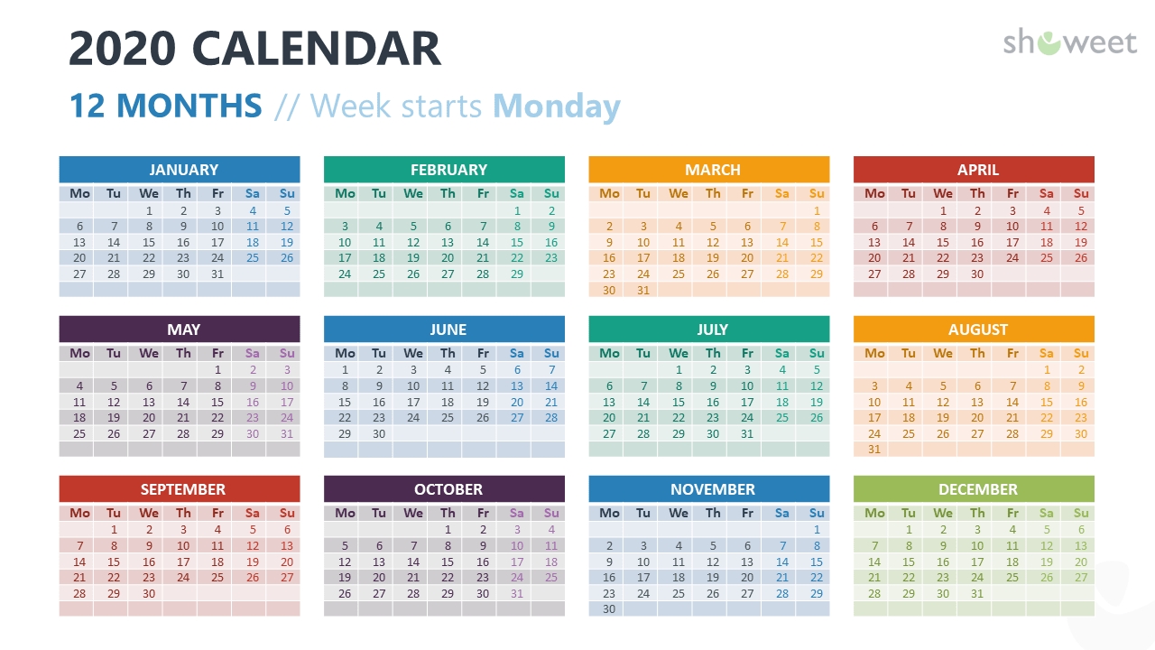 2020 Calendar For Powerpoint And Google Slides - Showeet Quarterly Calendar Template Powerpoint