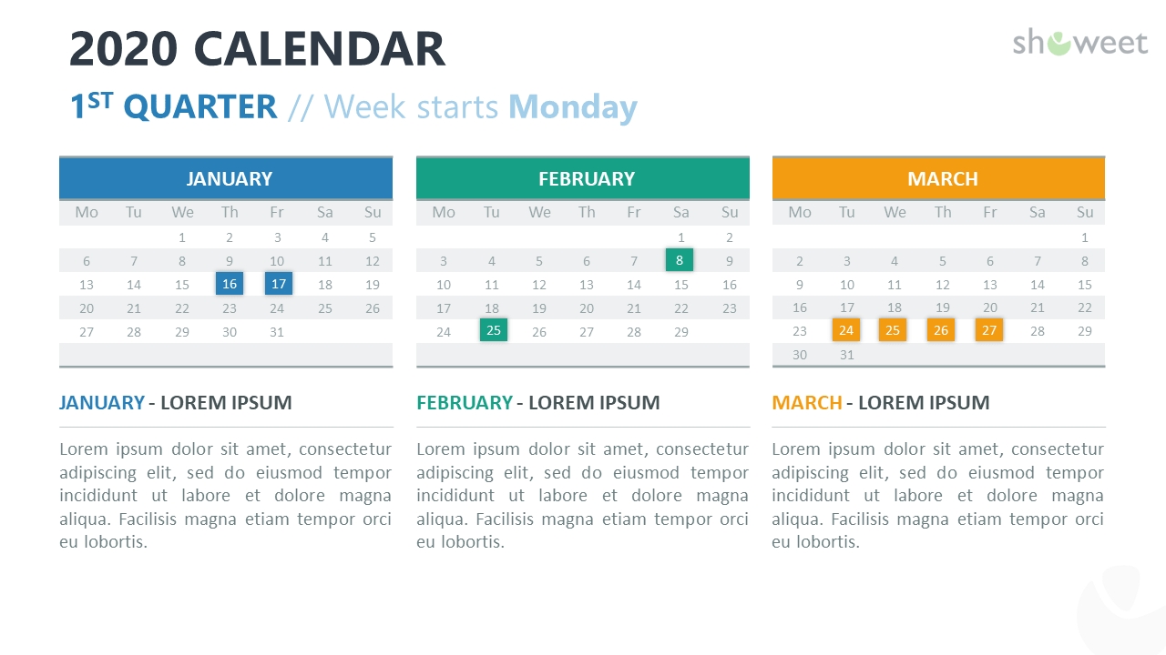 2020 Calendar For Powerpoint And Google Slides - Showeet Quarterly Calendar Template Powerpoint