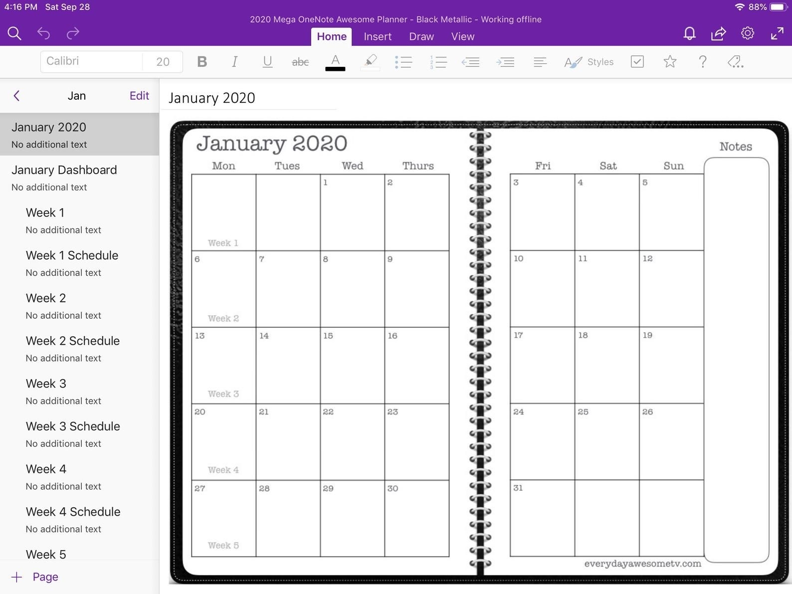 onenote calendar template 2020 download