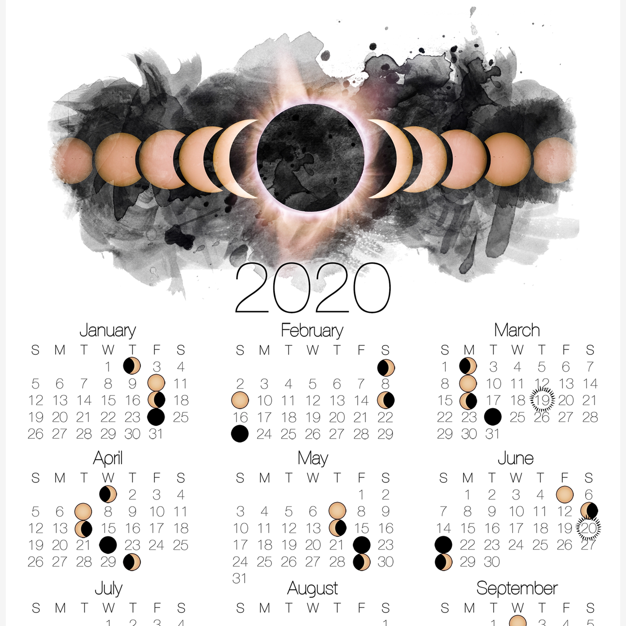 2020 Moon Phase Calendar Lunar Calendar With Solar Eclipse Moon Calendar In Zodiac