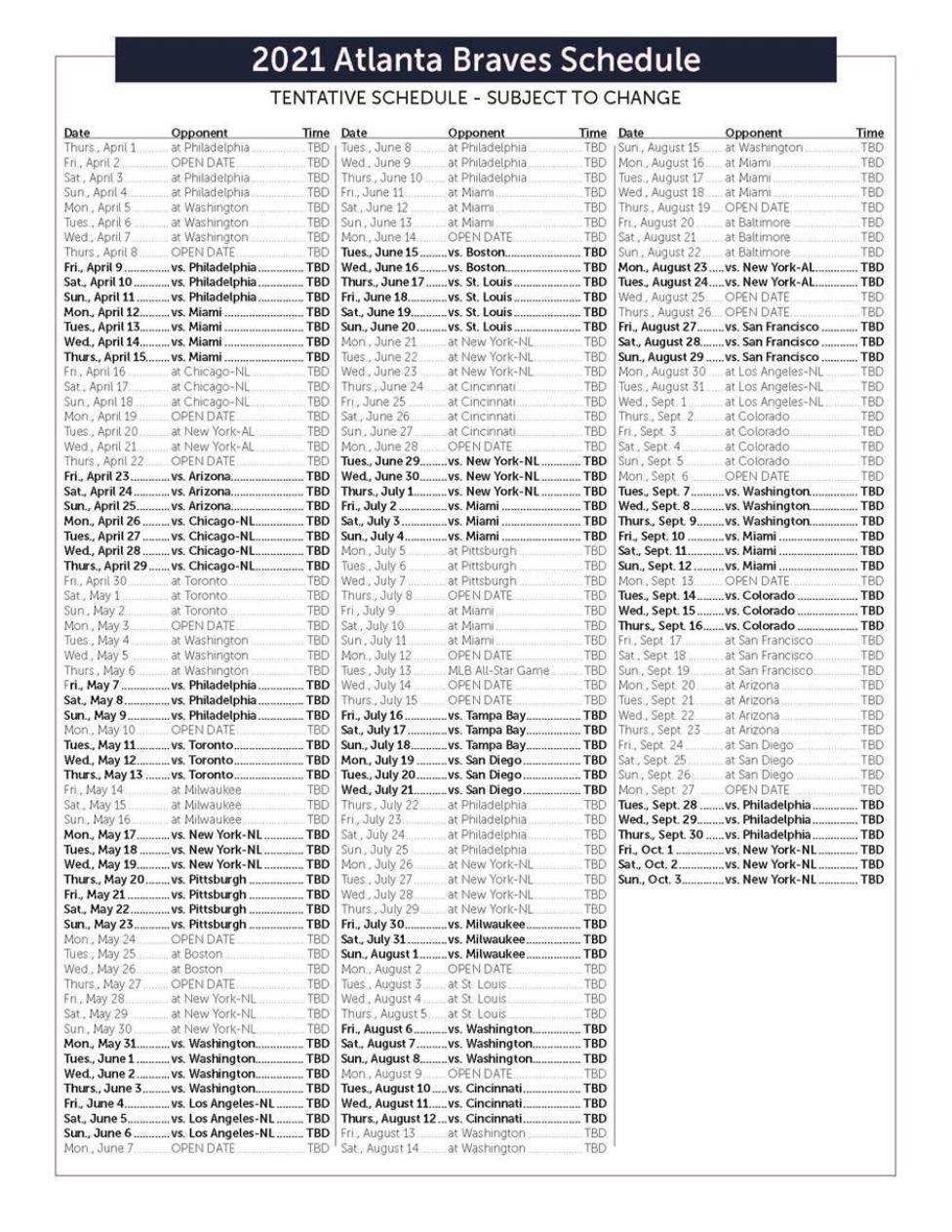 2021 Atlanta Braves Schedule | | Mdjonline Atlanta Braves 2021 Schedule Printable