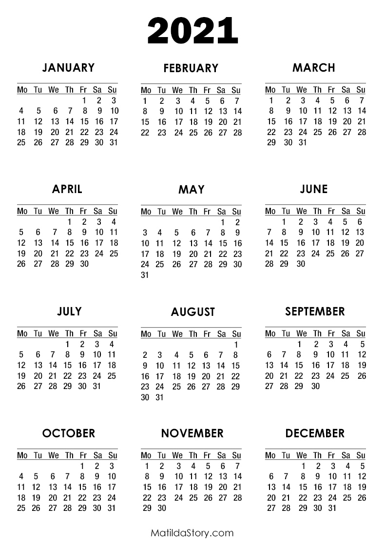2021 Calendar Printable Free, White – Monday Start Desktop Calendars 2021 Free Printable
