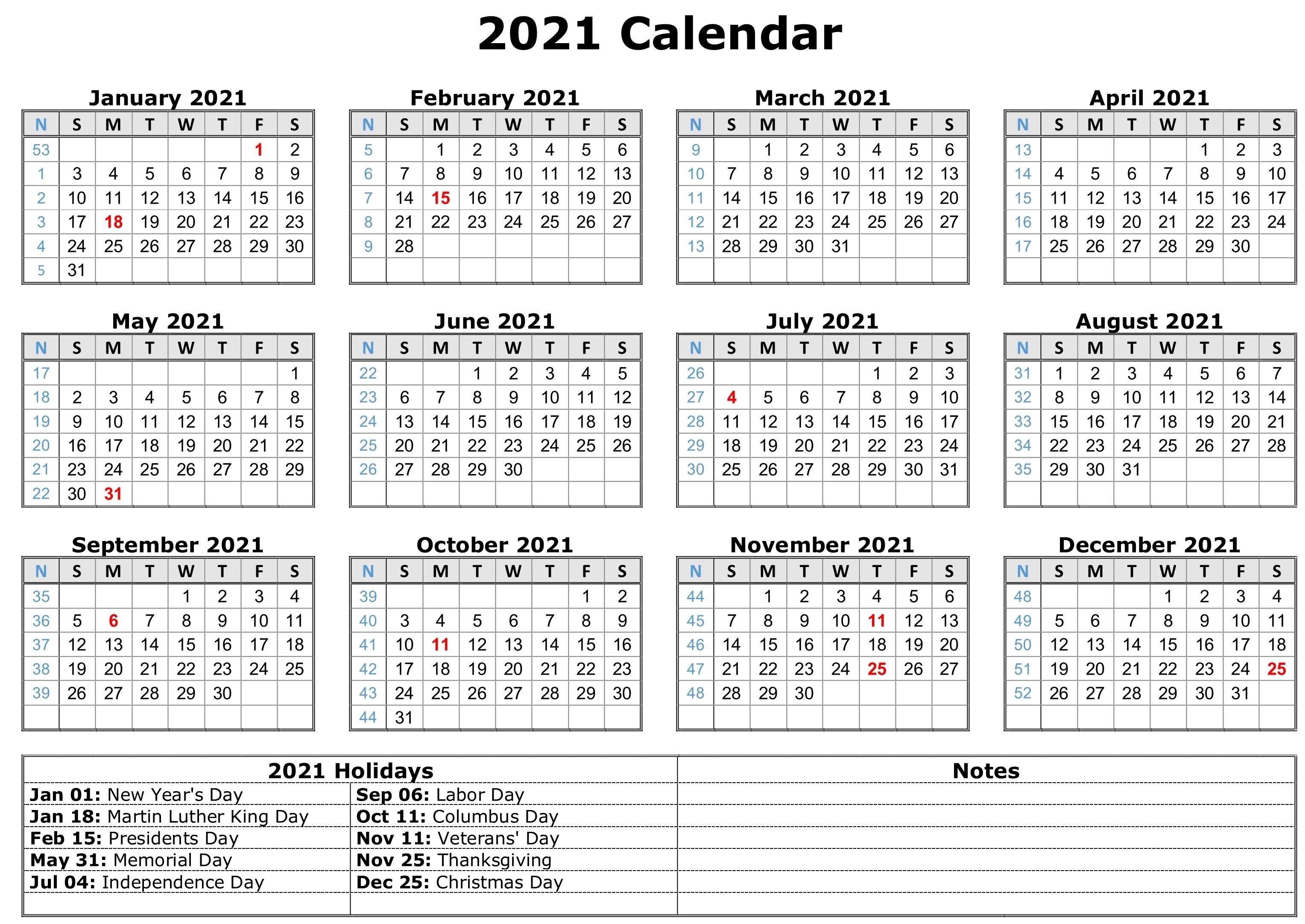 2021 Calendar With Holidays | Free Calendar Template 2021 Monthly Calendar Printable Pdf