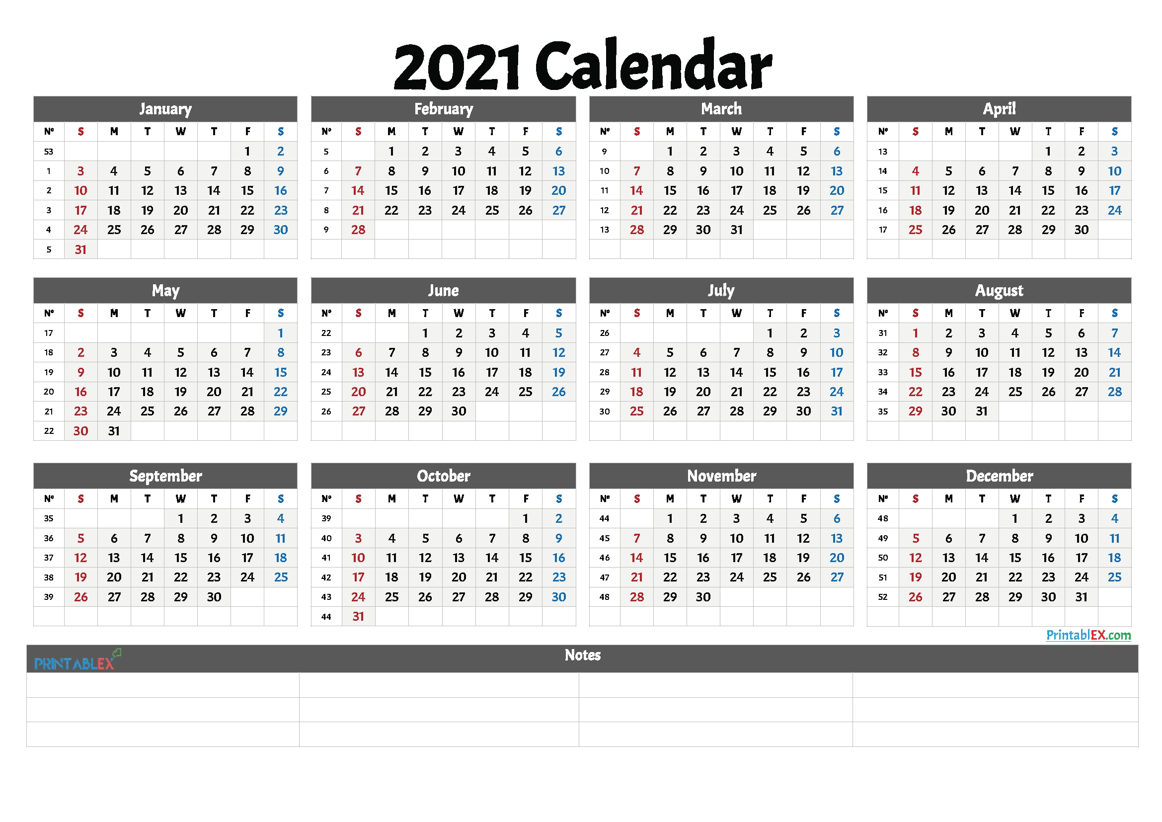 2021 Free Printable Yearly Calendar With Week Numbers – Free Printable Calendar 2021