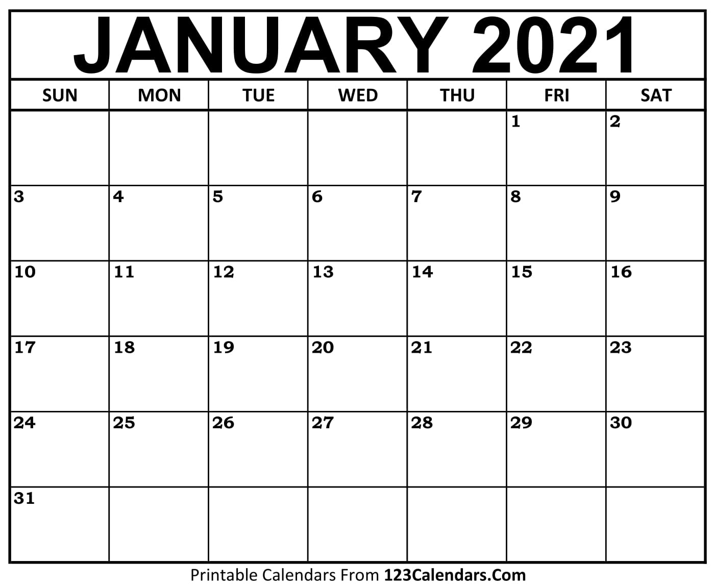 2021 Printable Calendar | 123Calendars Blank Monthly Calendar 2021