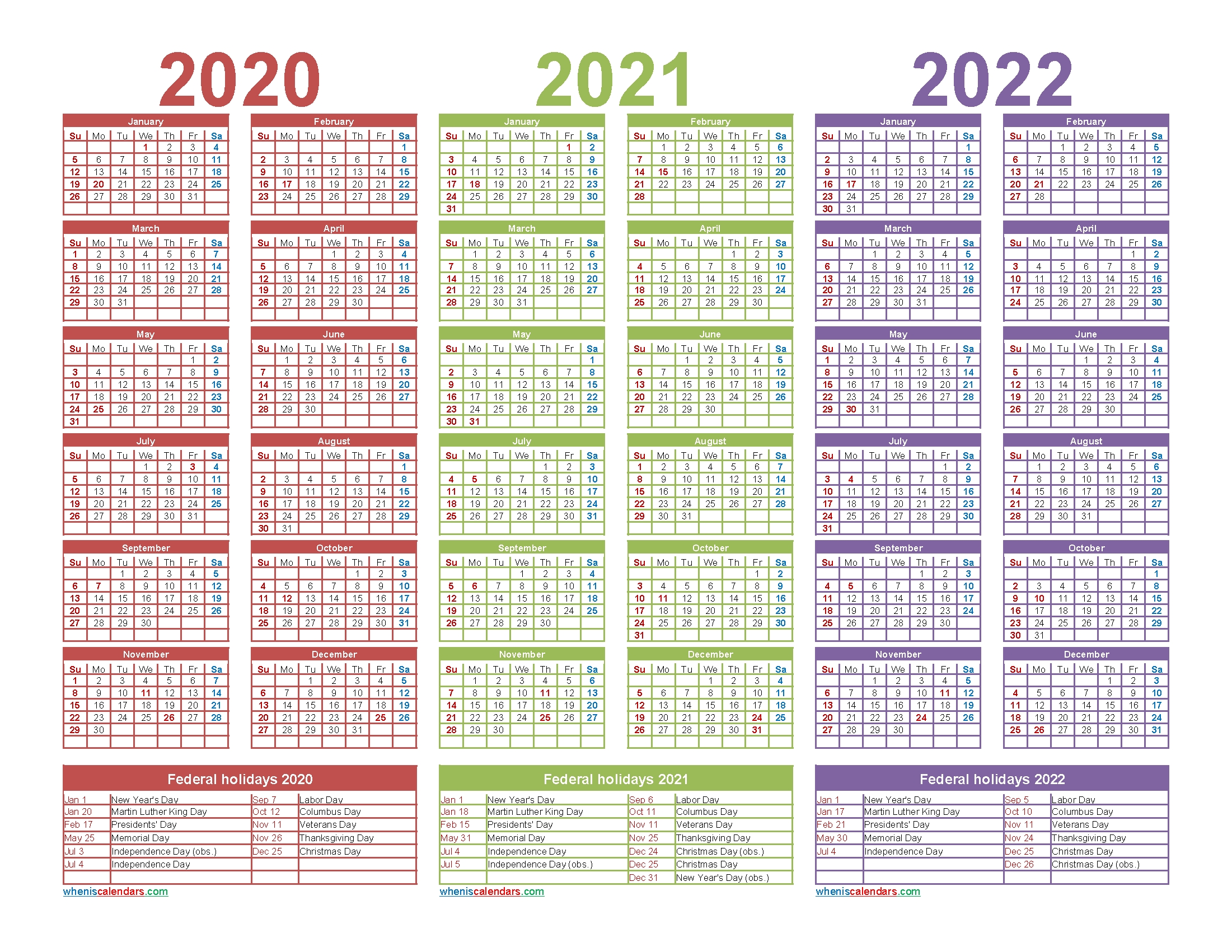 3 Year Calendar 2020 To 2022 Printable – Free 2020 And 2021 Calendar Template 3 Year