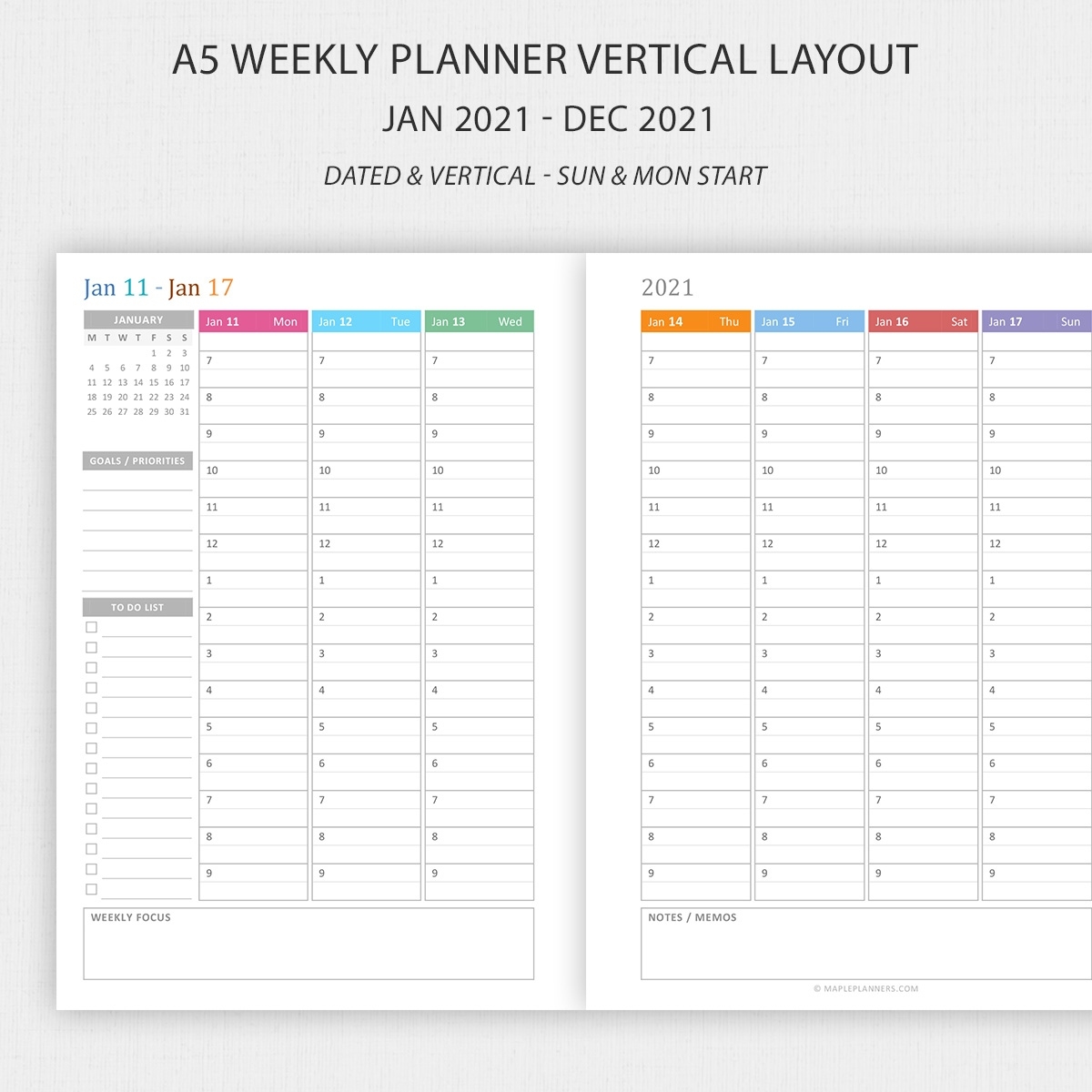 A5 Hourly Weekly Planner 2021 Vertical Layout Hourly Calendar 2021