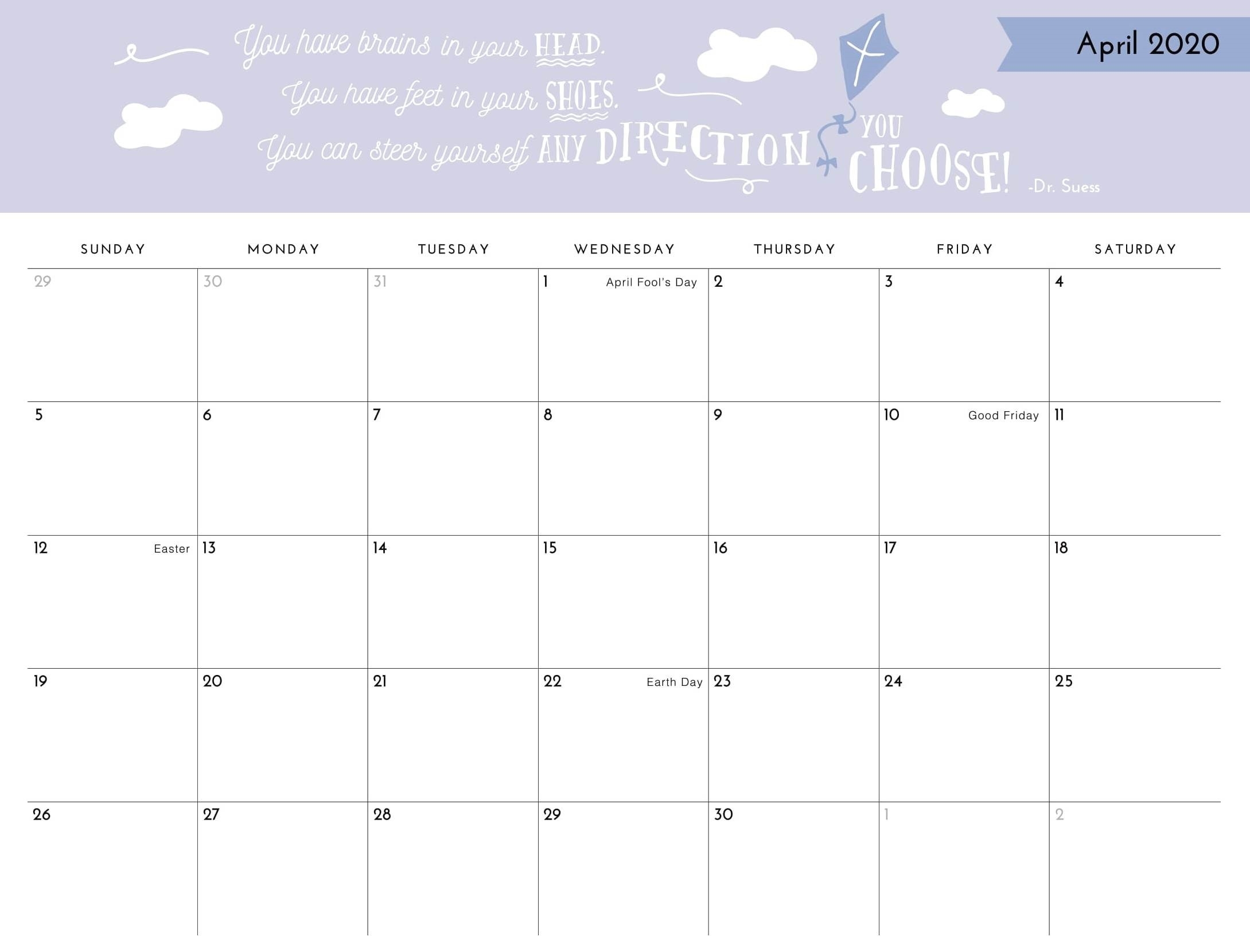 April 2020 Printable Calendar Template With Holidays - Web S Note Calendar Template