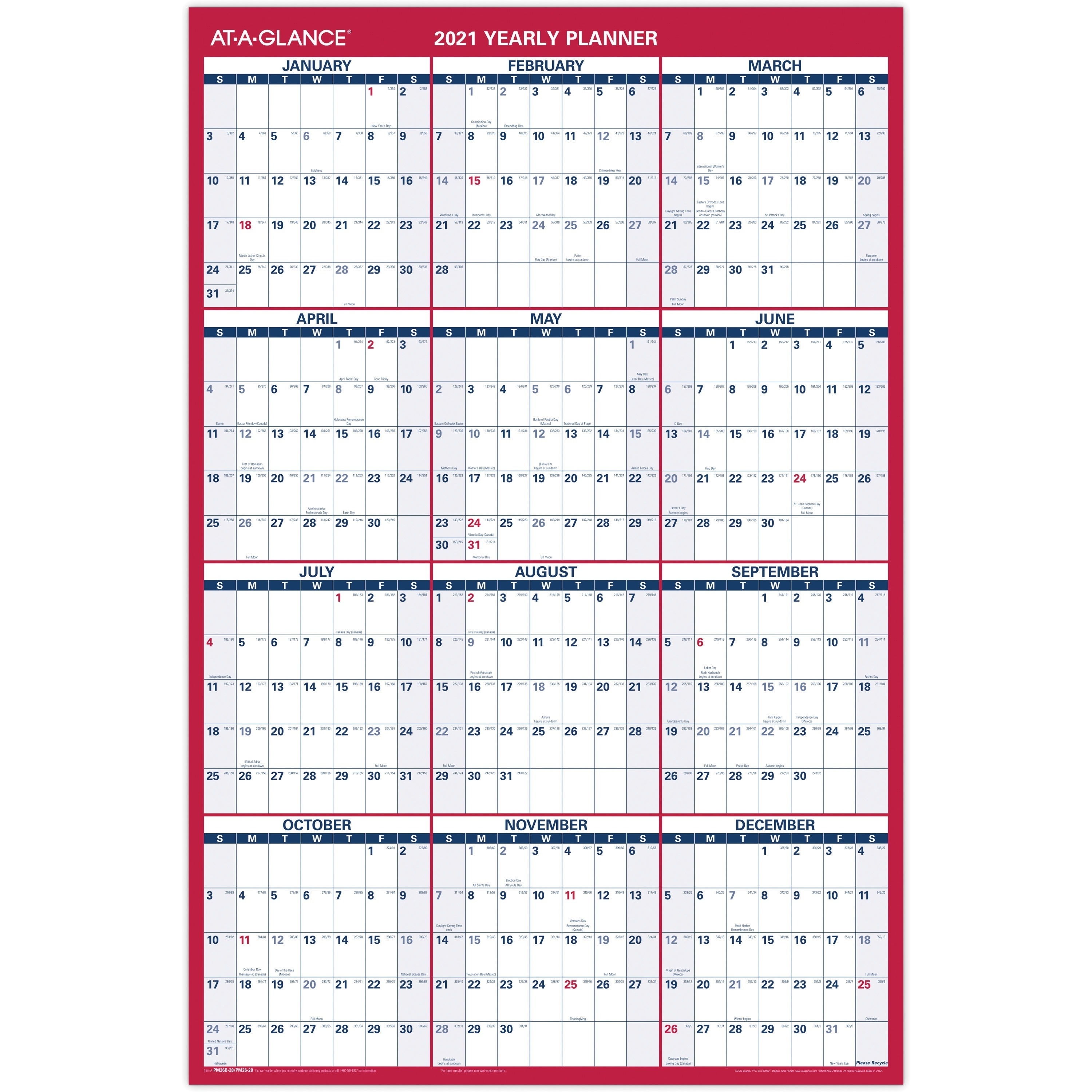 At-A-Glance Erasable/Reversible Yearly Wall Planner 2021 Yearly Julian Calendar