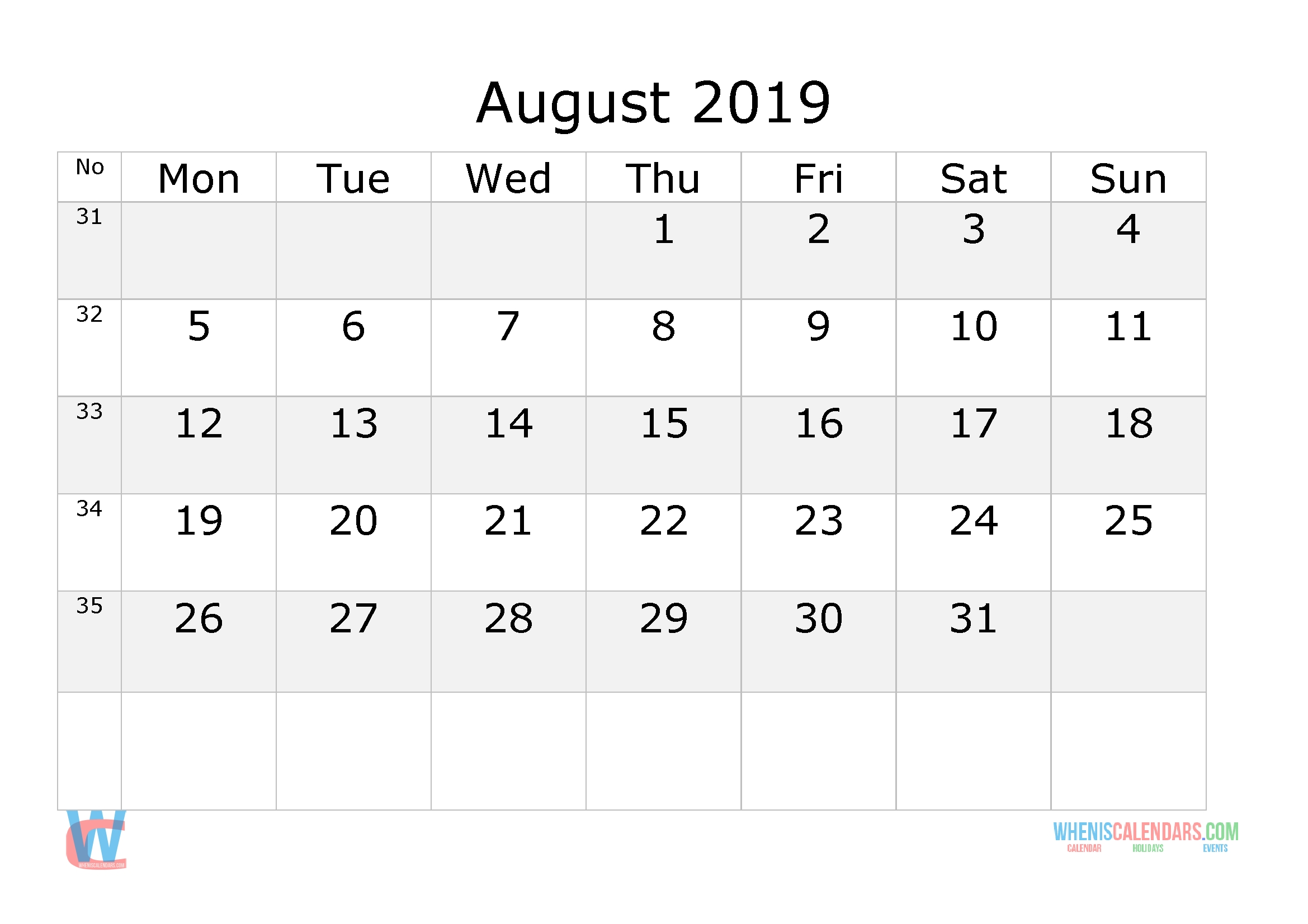 August 2019 Calendar With Week Numbers Printable, Start By Calendar Template Monday Start