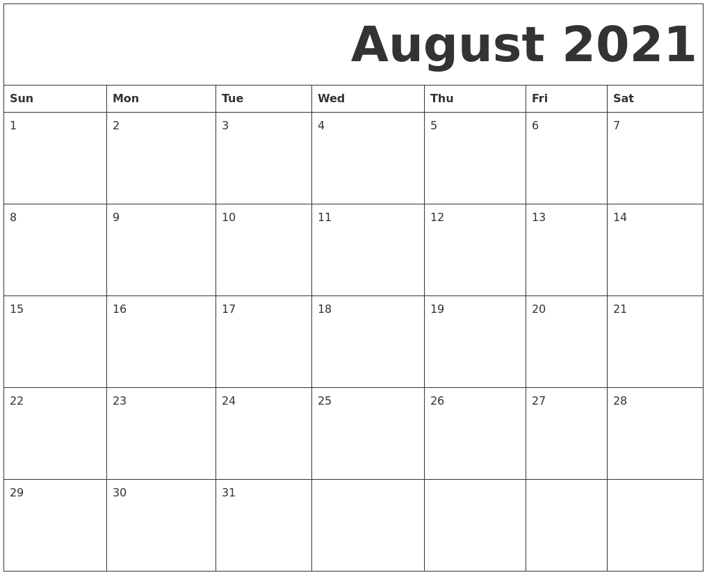 August 2021 Free Printable Calendar August 2021 Calendar Print