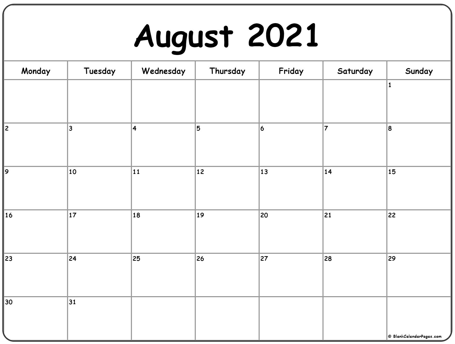 August 2021 Monday Calendar | Monday To Sunday August 2021 Calendar Print