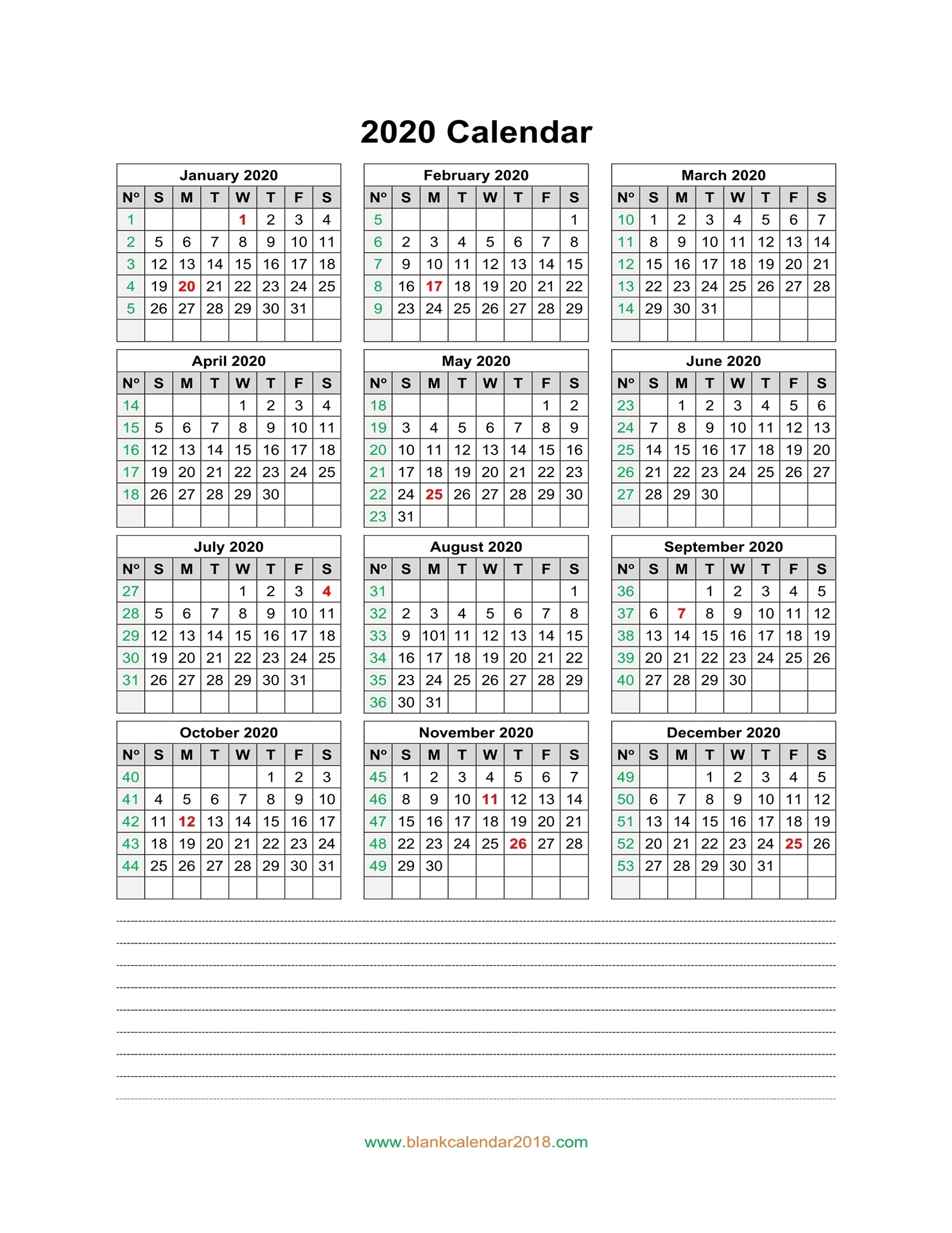 Blank Calendar 2020 Calendar Template With Notes