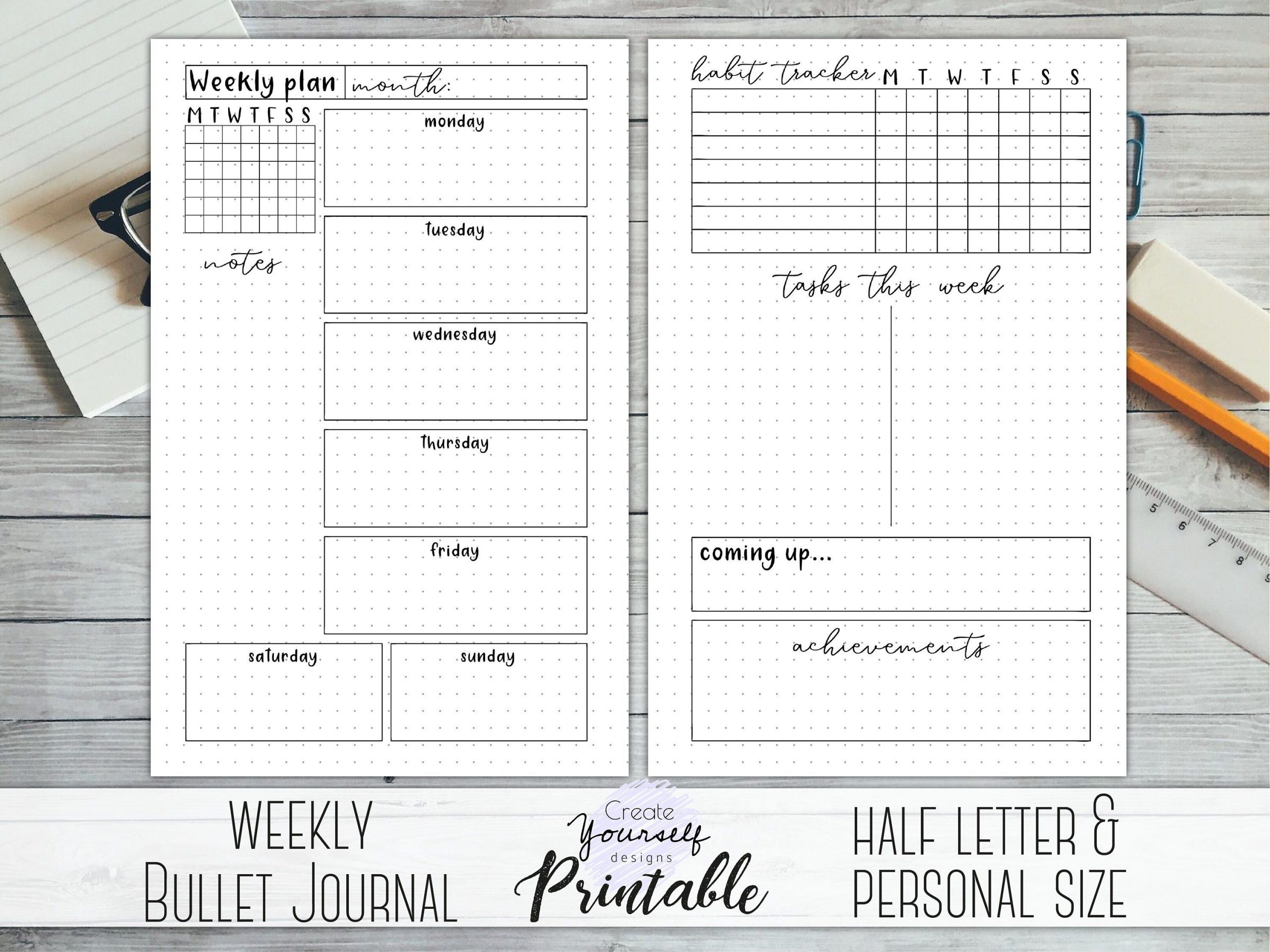 Bullet Journal Printable - Weekly Planner, Bullet Journal Calendar Template Bullet Journal