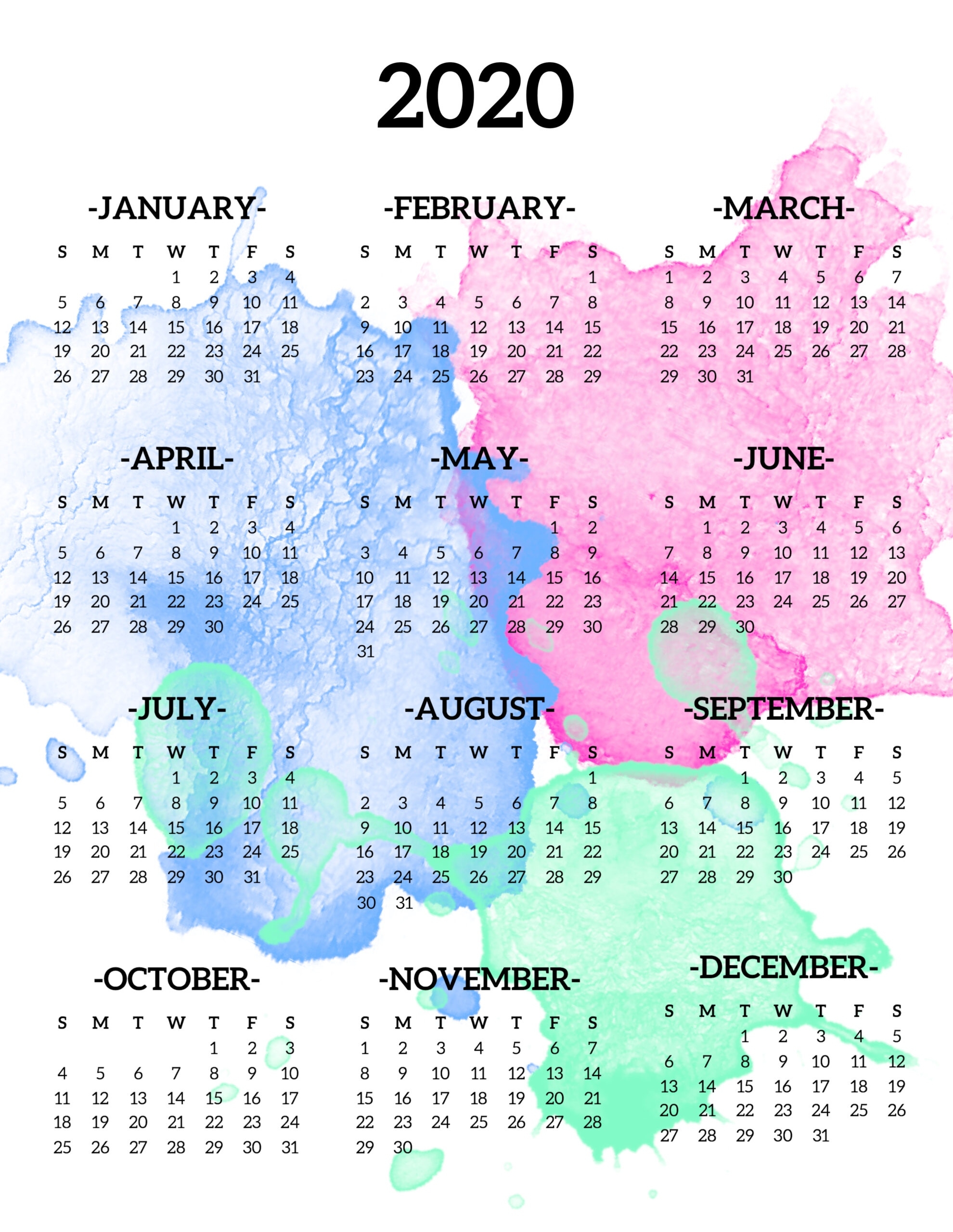 Calendar 2020 Printable One Page | Paper Trail Design Calendar Template Year At A Glance