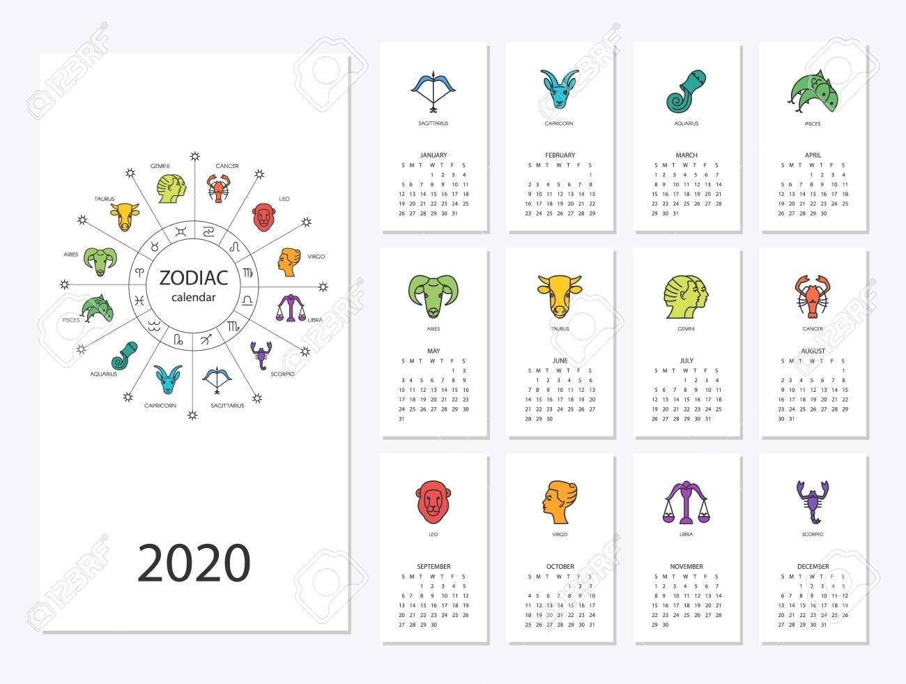 Calendar 2020 With Horoscope Signs Zodiac Symbols Set Calendar Of Zodiac Signs