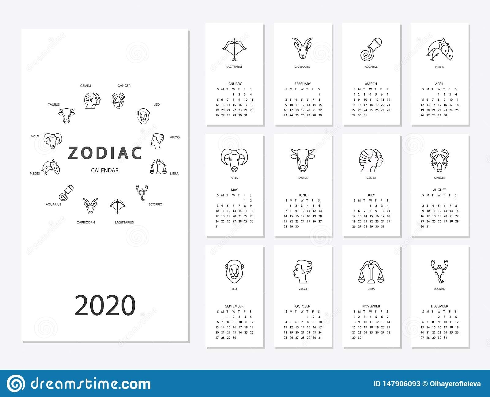 Calendar 2020 With Horoscope Signs Zodiac Symbols Set Stock Zodiac Calendar Dates And Signs