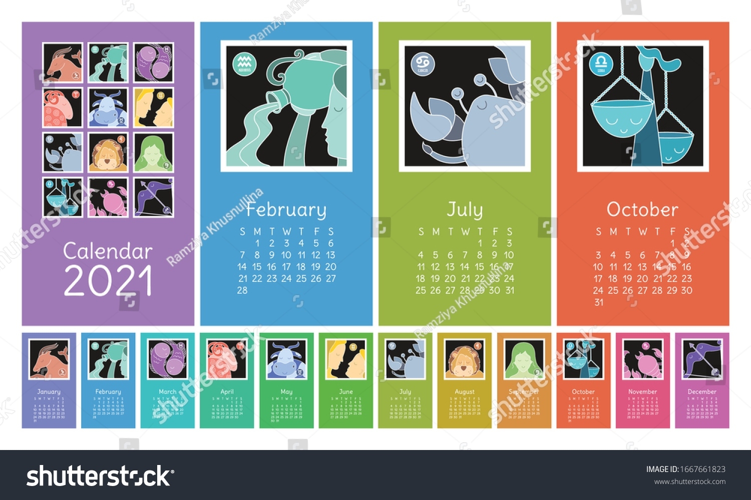 Calendar 2021 Zodiac Signs Aquarius Libra Stock Vector Calendar Of Zodiac Signs