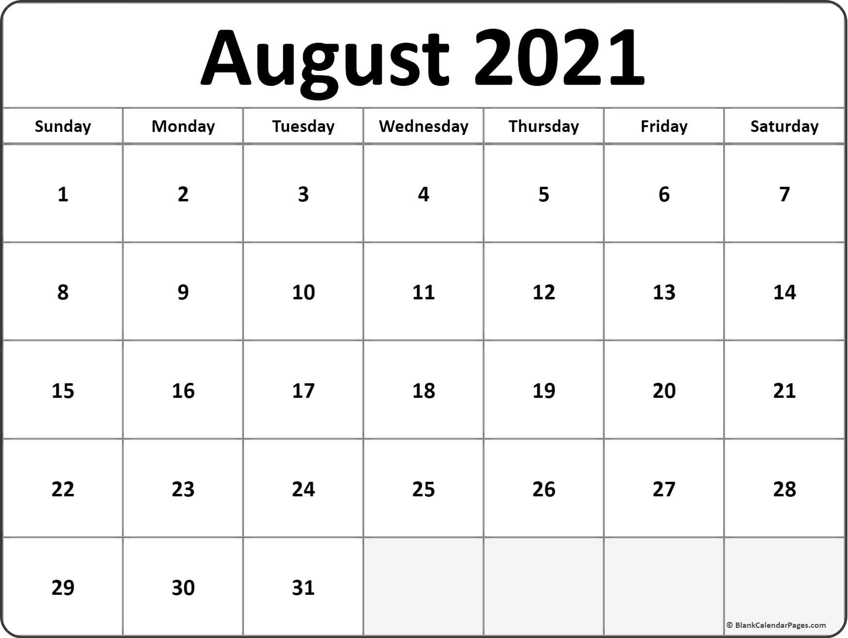 Calendar Monthly 2021 Printable August Full Page August 2021 Calendar Print