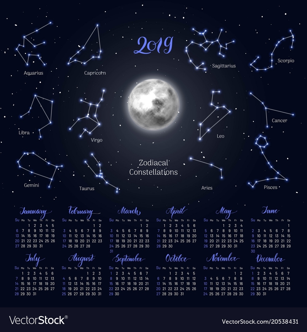 Calendar Moon Zodiac Constellations 2019 Night Vector Image Moon Calendar In Zodiac