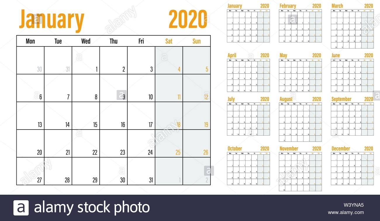 Calendar Planner 2020 Template Vector Illustration All 12 Calendar Template Sunday To Saturday