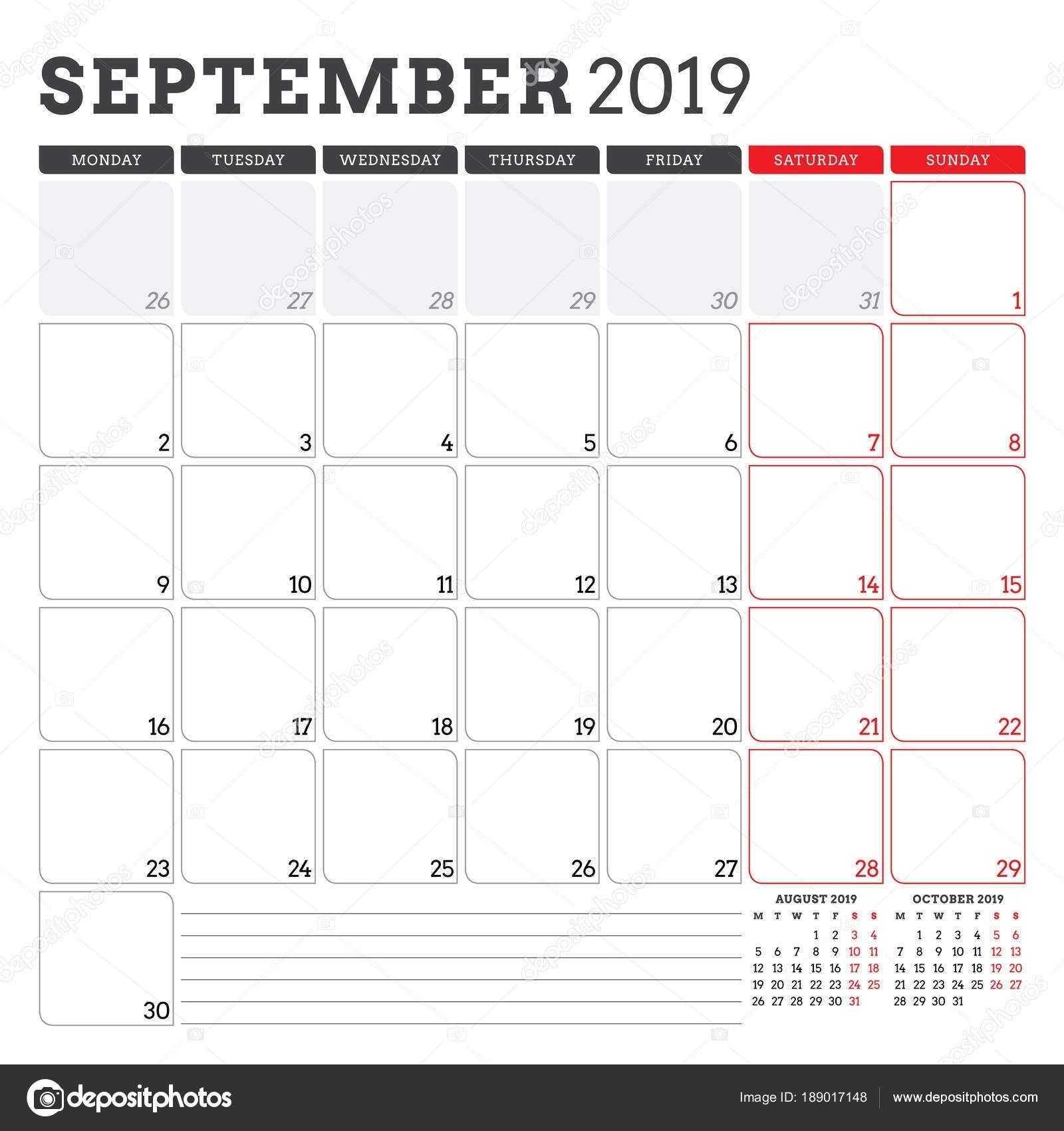 Calendar Planner For September 2019. Week Starts On Monday Calendar Template Custom Dates