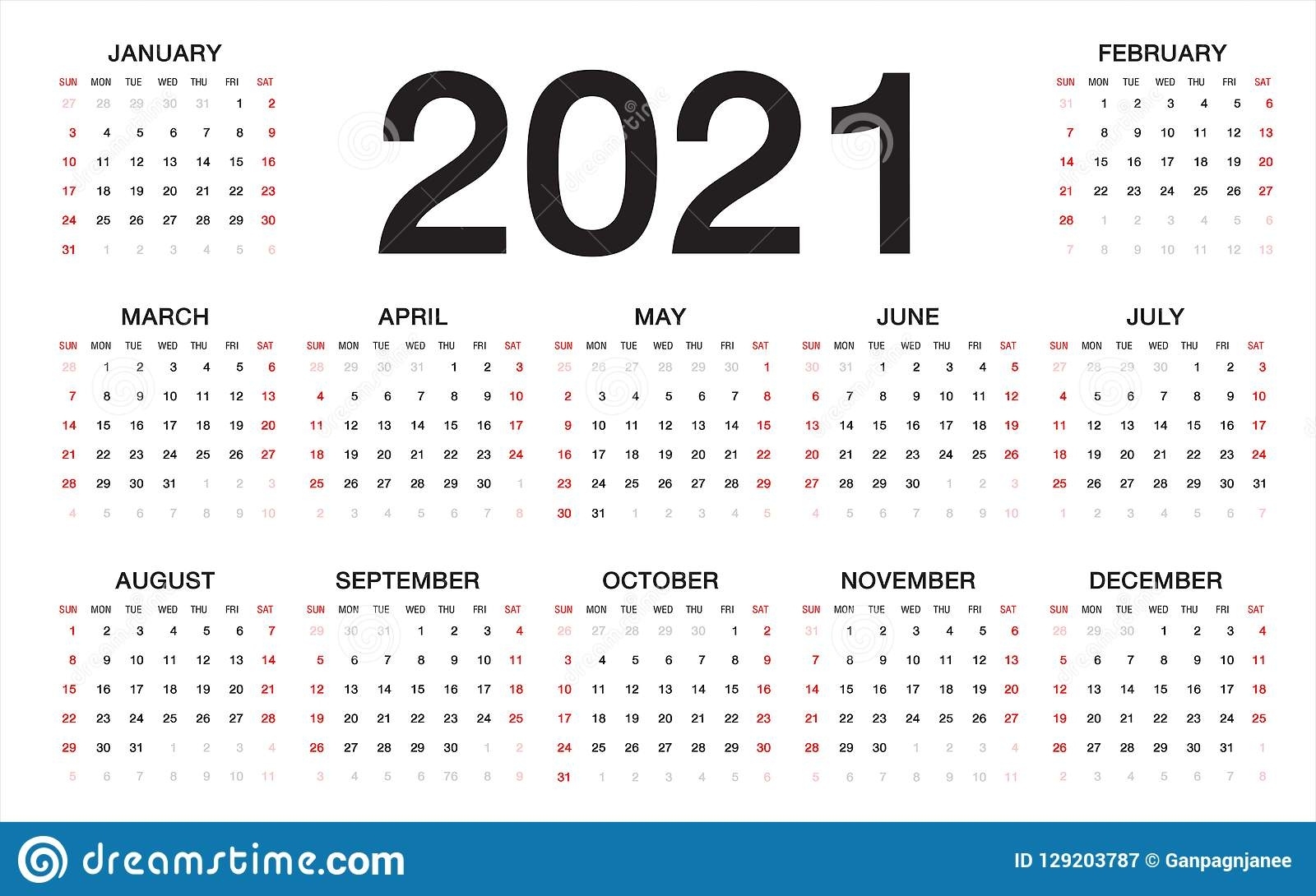 Calendario 2021, Comienzo De La Semana De Domingo, Plantilla Calendario Semanas 2021