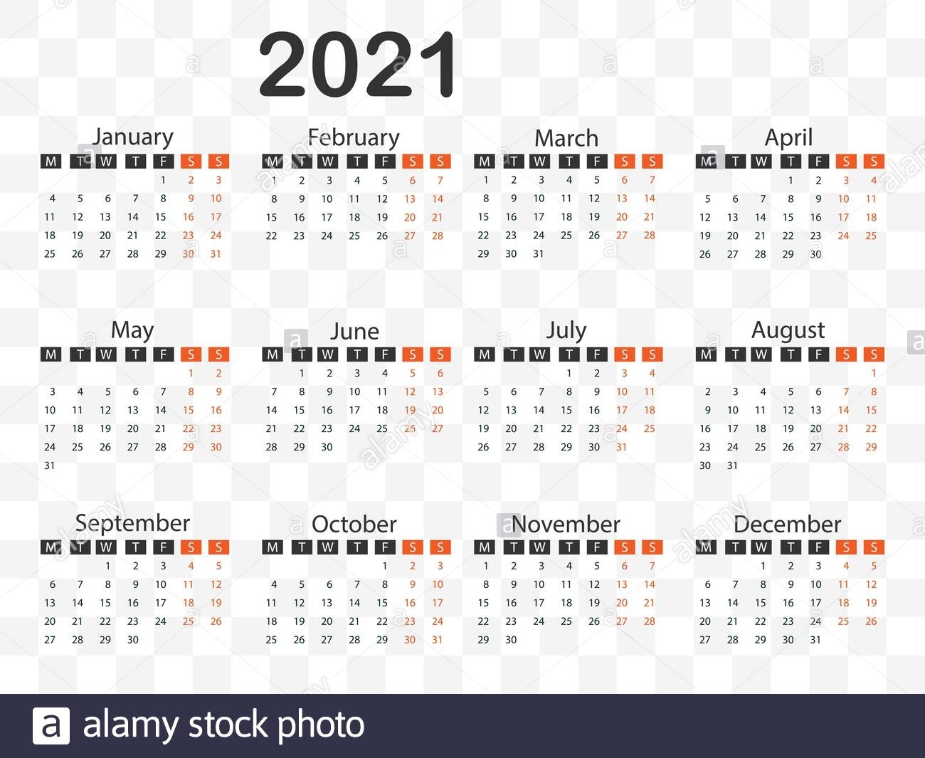 Calendario 2021, La Semana Comienza El Lunes. Ilustración Calendario Semanas 2021