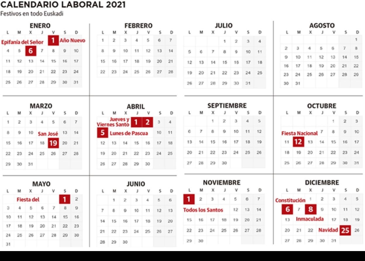 Calendario Laboral De Euskadi 2021 Con Festivos | El Diario Calendario Semanas 2021