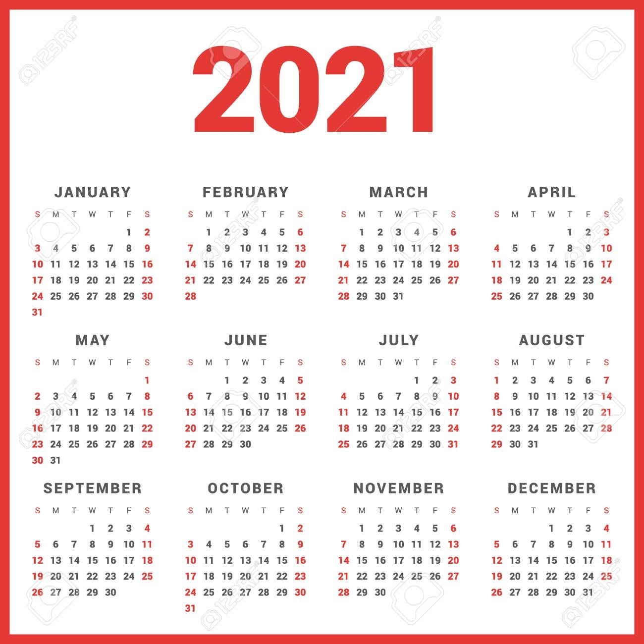 Calendario Para 2021 Años En El Fondo Blanco. La Semana Comienza El  Domingo. Plantilla Simple Del Vector Plantilla De Diseño De Papelería Calendario Semanas 2021