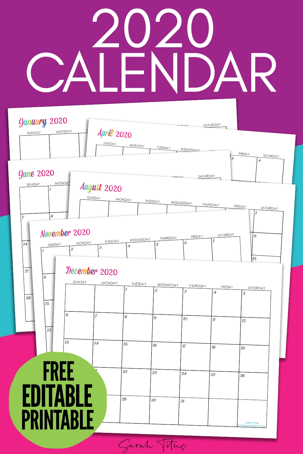 Custom Editable 2020 Free Printable Calendars - Sarah Titus Calendar Template Editable Free