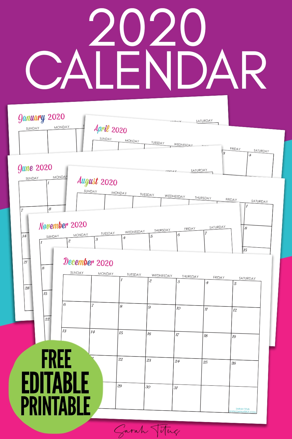 Custom Editable 2020 Free Printable Calendars - Sarah Titus Calendar Template That Can Be Edited